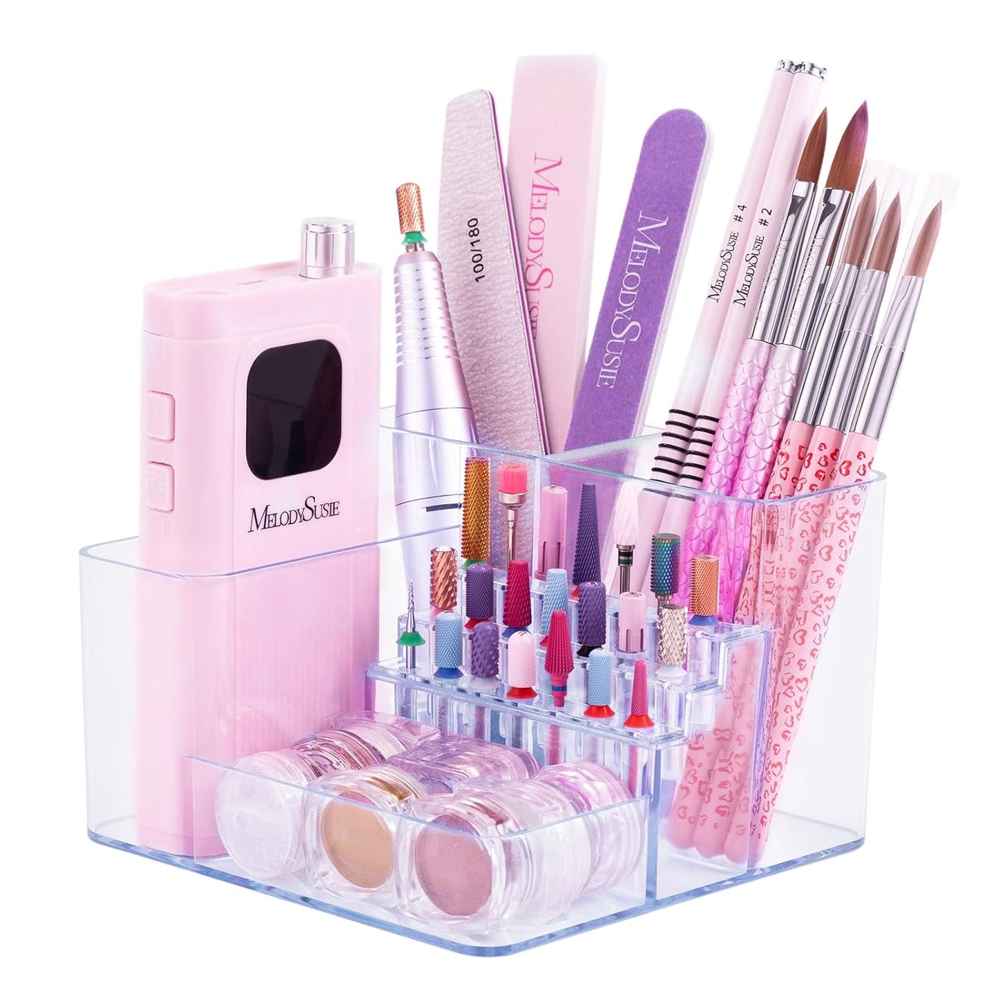 MelodySusie Nail Drill Holder - 21 Holes Organizer for Acrylic Nail Tools | Clear Storage Box for Efile Accessories