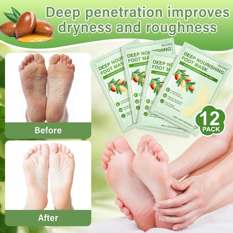 Moisturizing Foot Mask Set - 12 Pack Hydrating & 8 Pack Peeling | Repair Dry Cracked Feet & Soften Heels