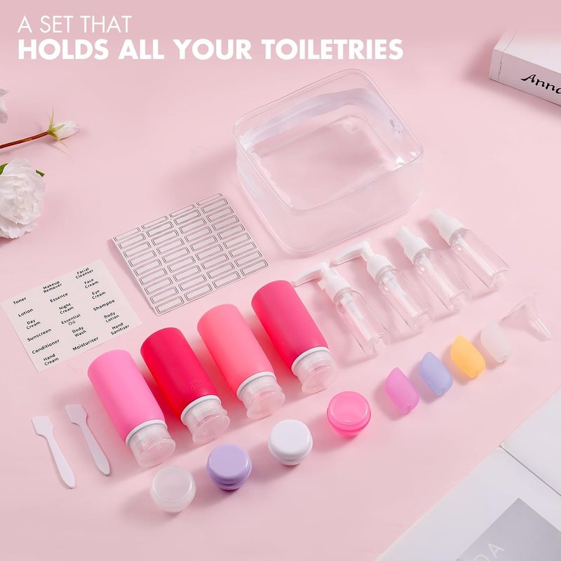 Travel Bottles for Toiletries - 21 Pack Leak-Proof Silicone Containers | TSA Compliant, BPA Free, Pink