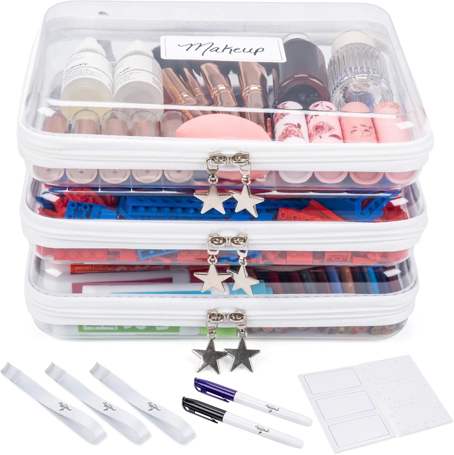 Clear Hard Shell Zipper Case Set - 3 Large Travel Organizers, 120s Thick PET Plastic, Dual Zippers & Charms | Removable Straps & Labels