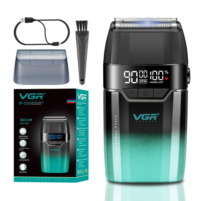 VGR 308 Electric Shavers for Men, Professional Double Foil Shaver 9000RPM Cordless Head Shaver with Titanium Foils, LED Display, USB Rechargeable Men's Electric Razor for Face & Beard, Green