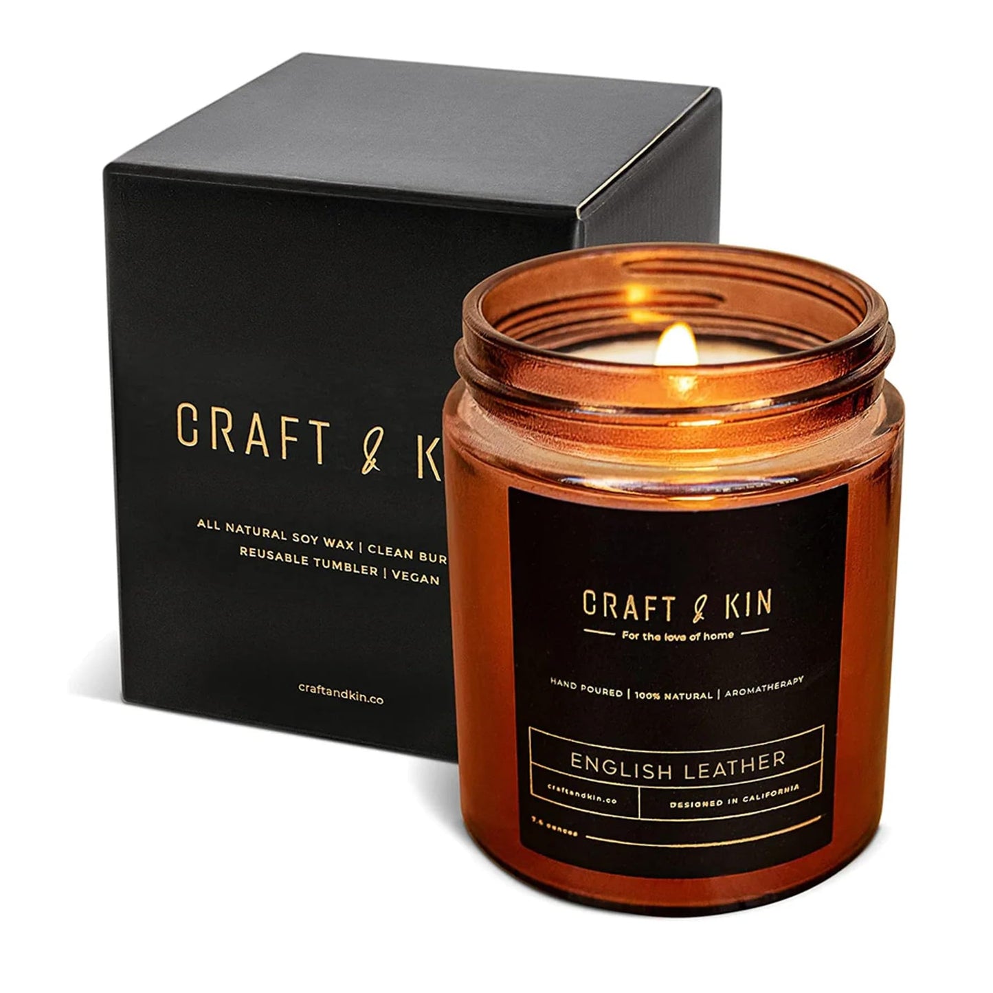 Craft & Kin Scented Candle for Men | Premium English Leather Candle | All-Natural Scent for Home | Long Lasting Winter Candles, 45-Hour Burn Time, 8oz