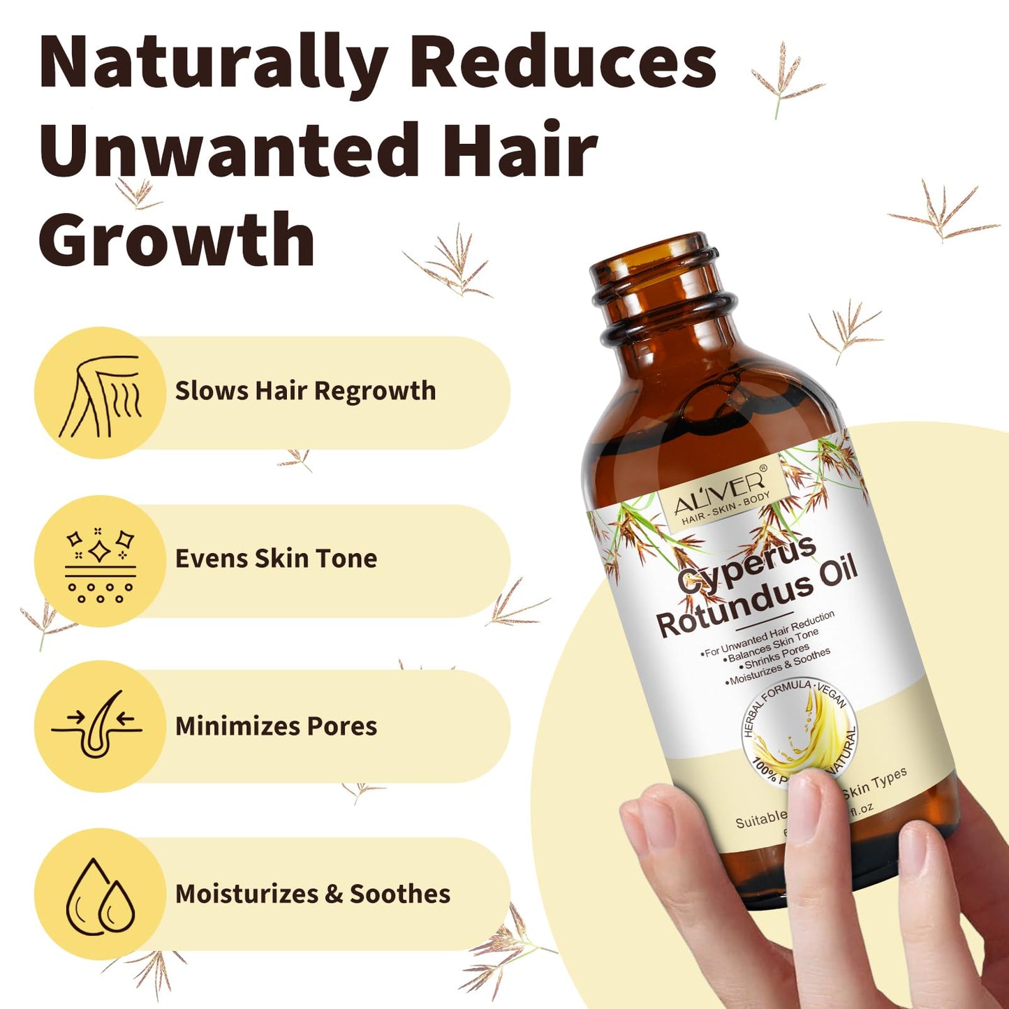 Cyperus Rotundus Oil for Hair Removal, 2PCS 100% Pure Natural Body and Facial Hair Removal for Women, Reduces Unwanted Hair Growth After Shave, Shrink Pores, Hydrates, Soothes and Repairs Skin