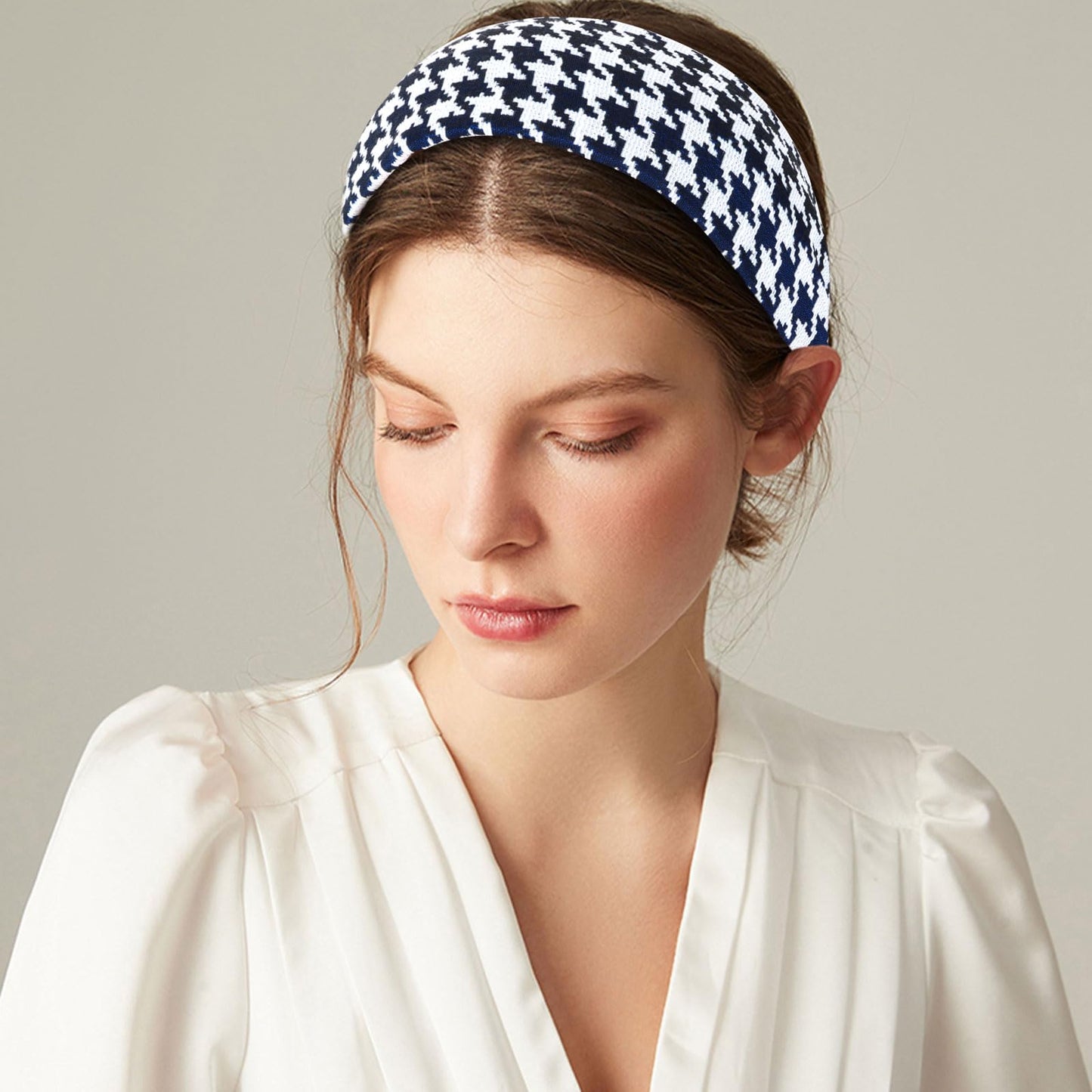 ACO-UINT Navy Blue Plaid Headband for Women, Boho Wide Headbands Thick Headbands with Teeth, Large Head Bands for Women's Hair Turban Hairbands Hair Accessories for Women
