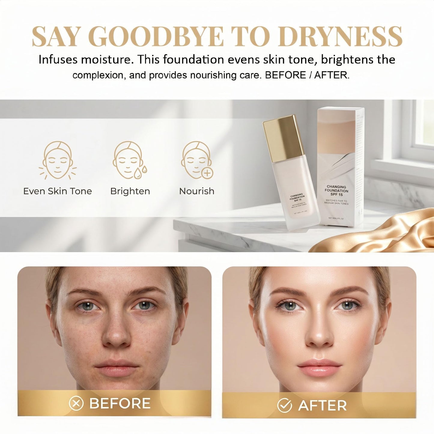 Color Changing Foundation for Mature Skin – Upgraded 3-in-1 Hydrating Foundation, Concealer & Moisturizer – Lightweight, Natural Glow, Self-Adjusting to All Skin Tones – Travel-Friendly, 1 PCS