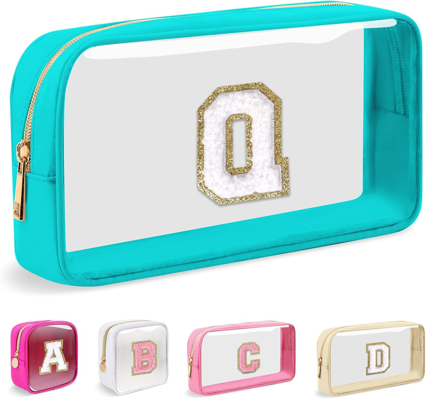 Personalized Initial Makeup Bag - Waterproof Nylon Cosmetic Pouch | A-Z Chenille Letter Patch, White-Pink G