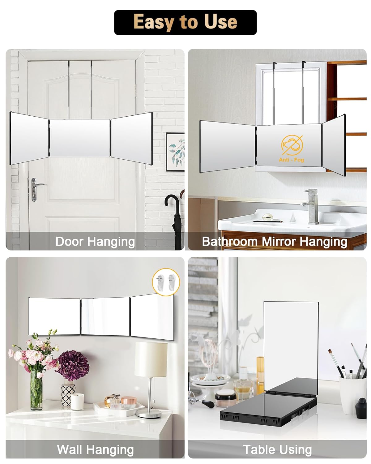 JUSRON 360-Degree Self Hair Cutting Mirror - Clear Anti-Fog HD Glass | Black, No LED or Accessories