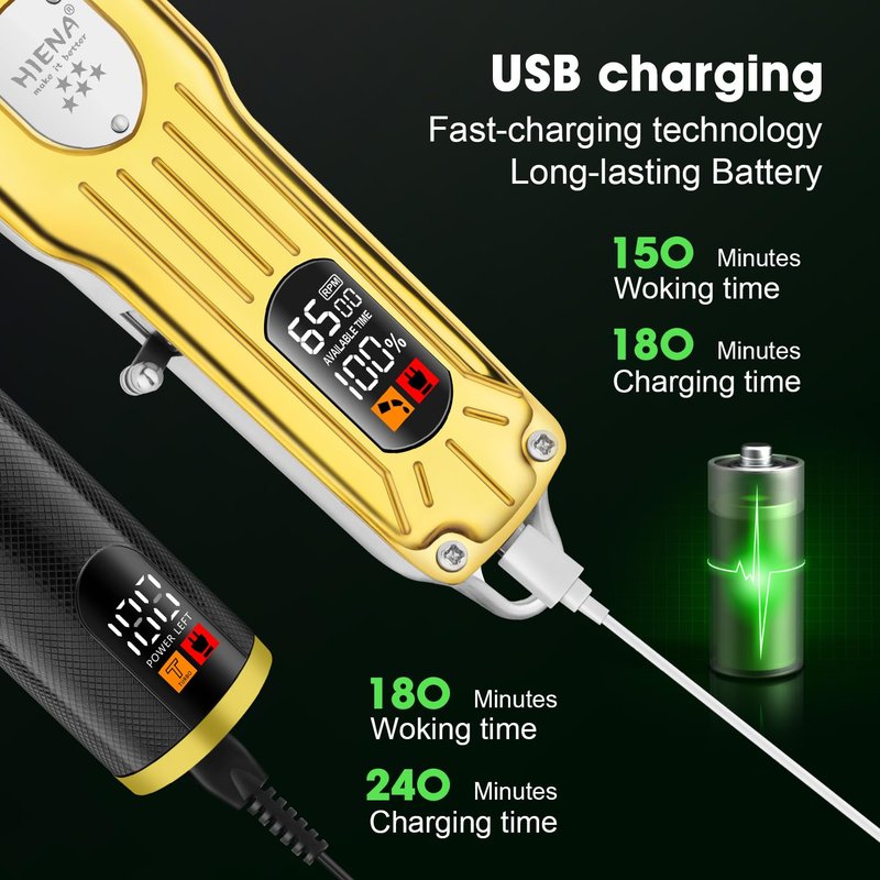 HIENA PRO Hair Clippers Set for Men, Professional Barber Kit for Hair Cutting, Cordless Rechargeable Clippers and Trimmers Set, Hair Cutting Kit with LED Display, USB, Gifts for Men (Gold Black)