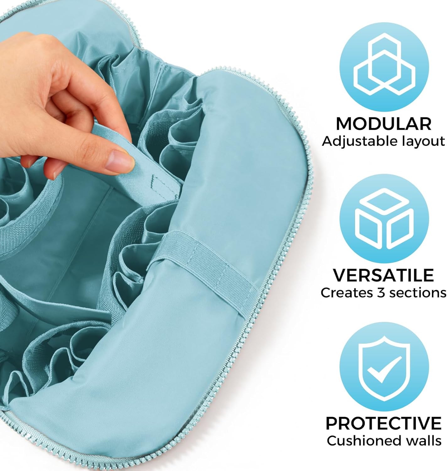 Travel Makeup Organizer Bag - Large Capacity with 27 Pockets & Adjustable Dividers | Light Blue