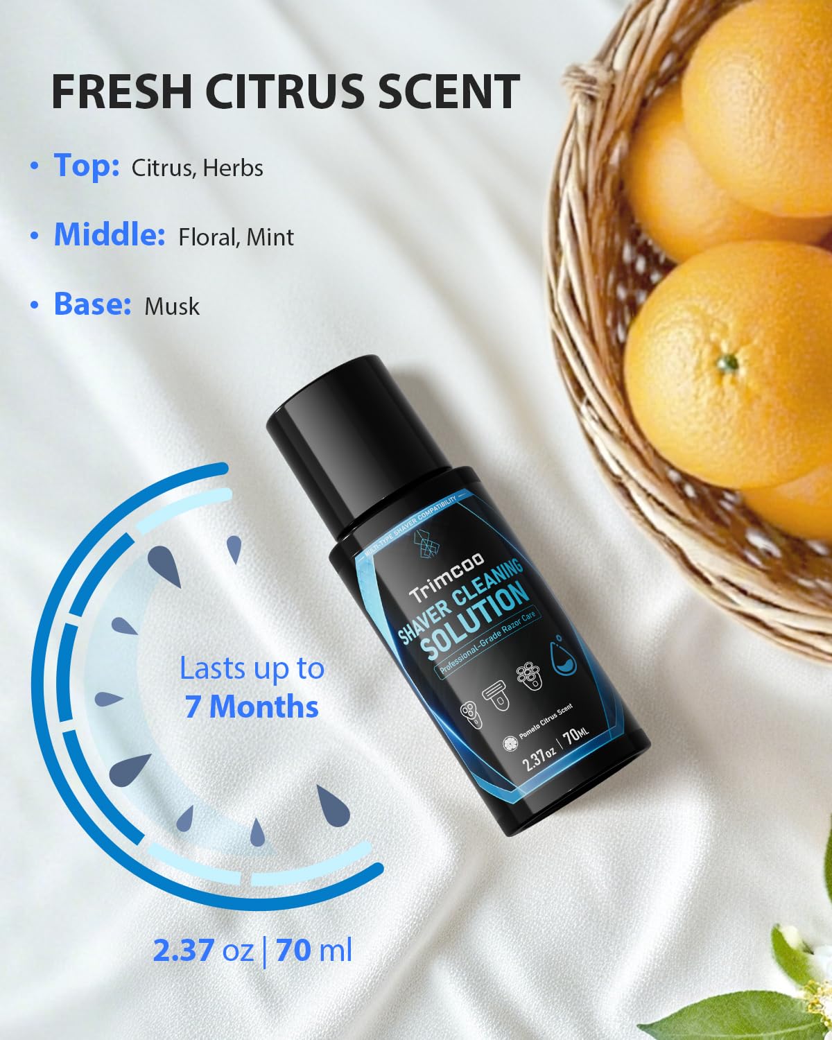 Trimcoo Genuine Electic Shaver Cleaning Solution, 2-Pack Care Refills, 7-Month Supply, Alcohol-Free Pomelo Citrus Scent, Double Cleaning, Prevents Rust & Odors, Keeps Razor Like New (70ML/2.37OZ)