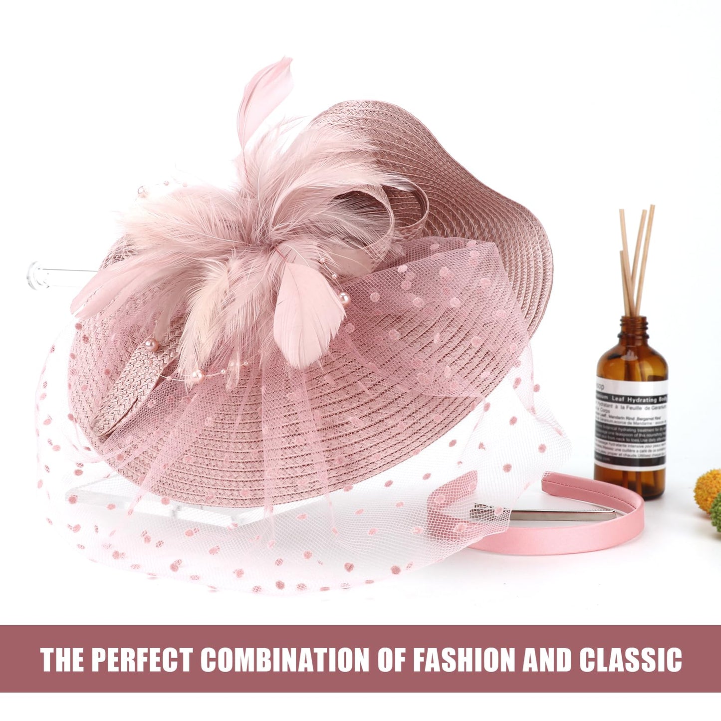 DRESHOW Fascinators Hat Mesh Veil Feathers Hat with a Headband and a Clip Tea Party Headwear for Women