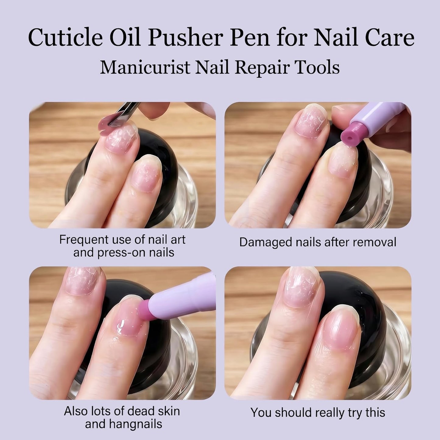Cuticle Oil Pusher Pen - 4-in-1 Nail Care Tool for Dry, Damaged Nails | Moisturizing & Strengthening (Pink & Purple)