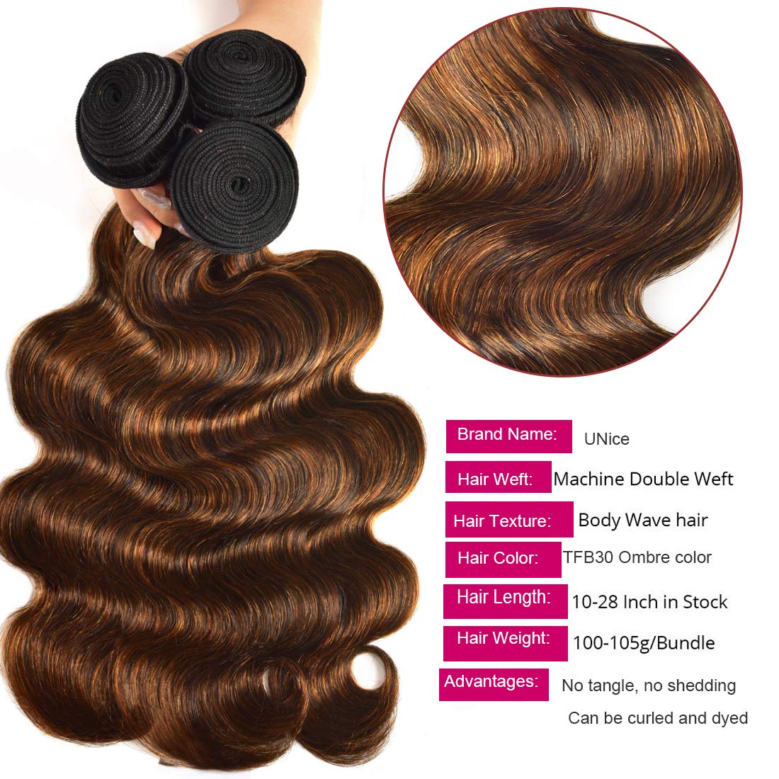 UNice Brown Highlight Body Wave Human Hair Weave 3 Bundles 14 16 18 inch, Brazilian Remy Hair Ombre Blonde Human Hair Wavy Weaves Sew in Piano Color TFB30