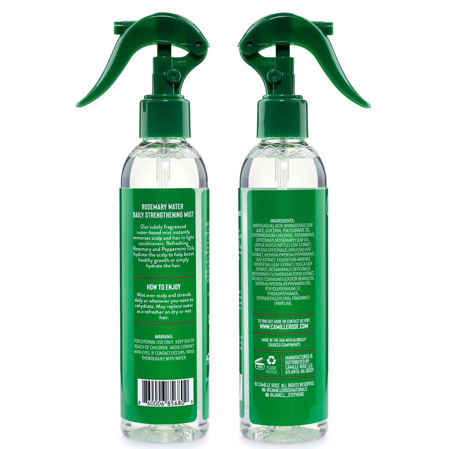 Camille Rose Rosemary Water, Daily Hair Strengthening Mist 2-Pack – Hydrating Refresher Spray with Rosemary Oil, Peppermint & Aloe Vera, 8 Oz Ea