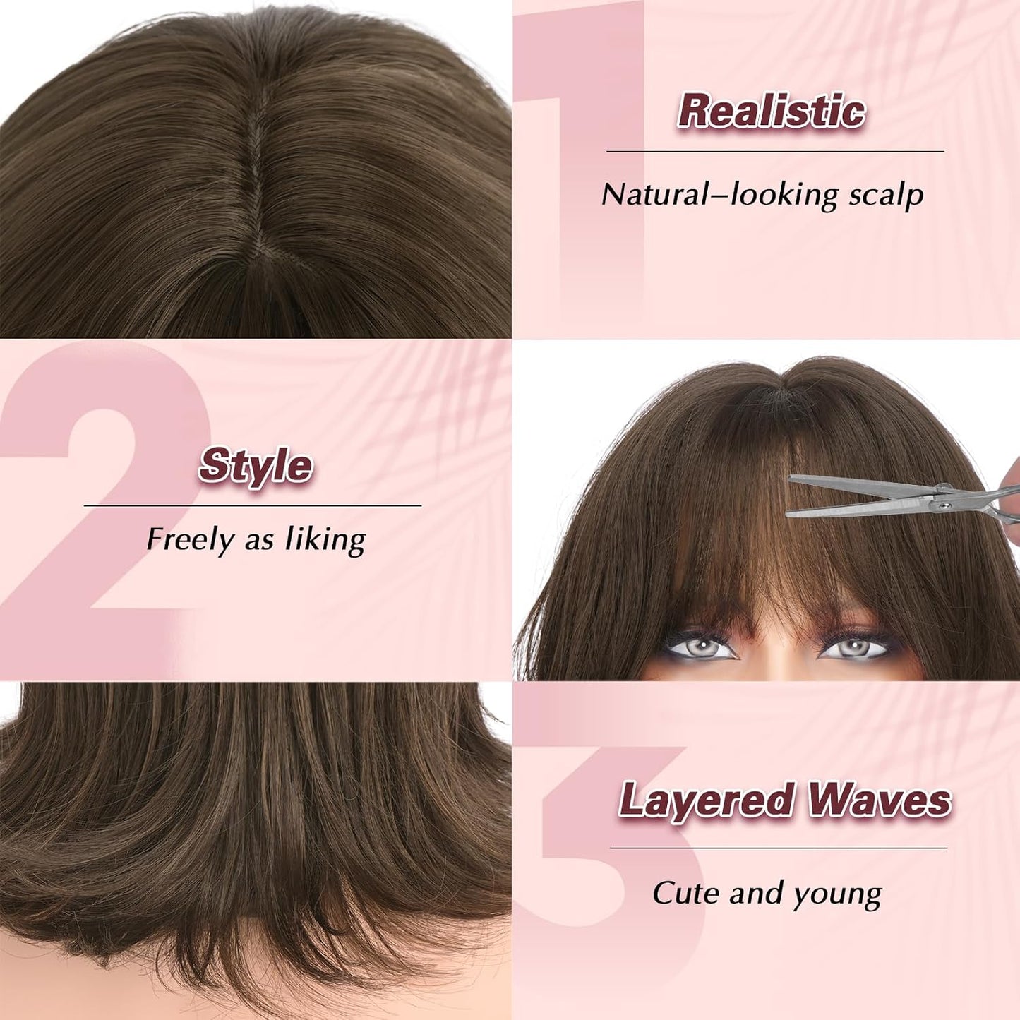 Brown Short Bob Wig with Bangs - Wavy Layered Synthetic Hair for Women | 14 Inch Natural Look with Highlights