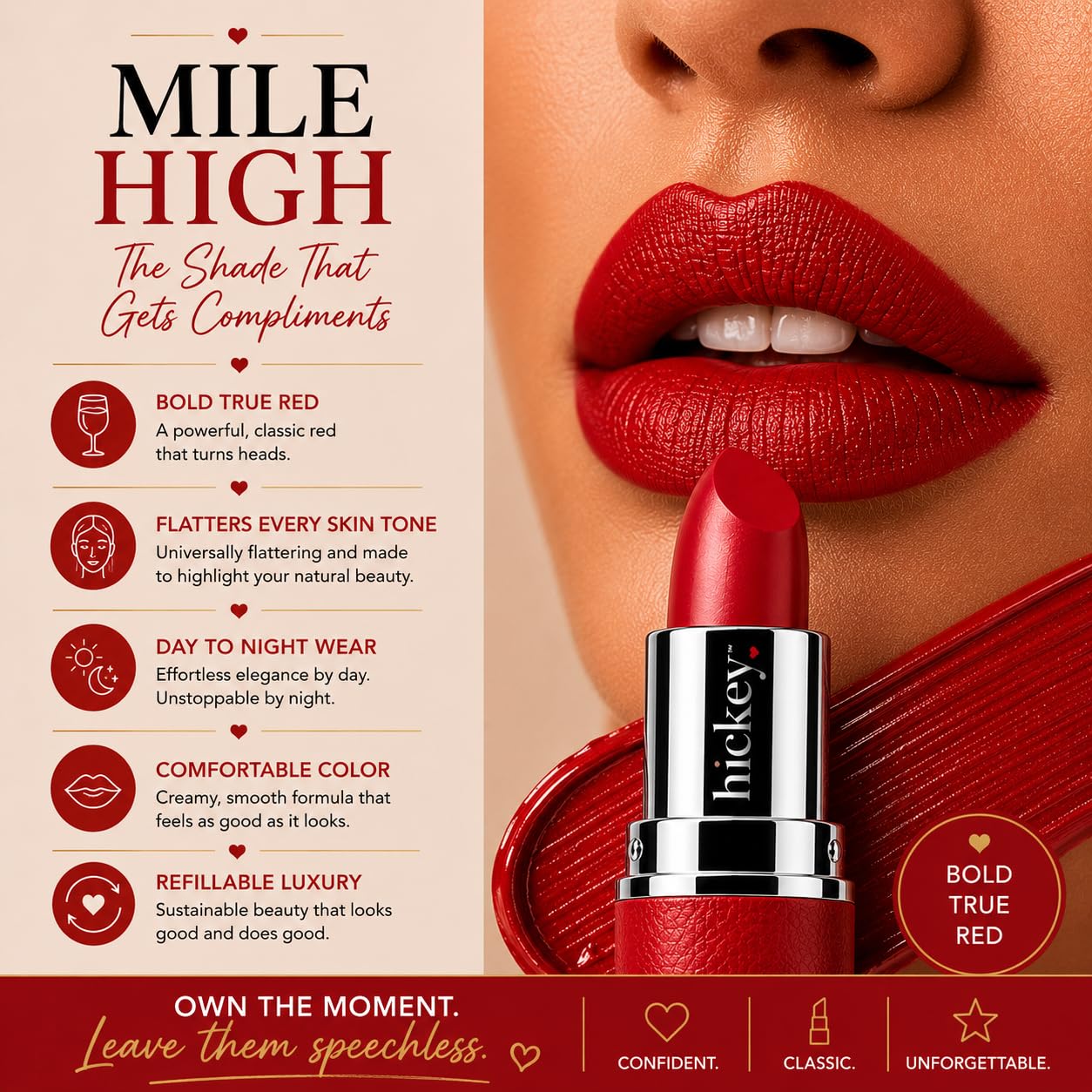 Hickey Lipstick Mile High Organic Perfect Red Lipstick Refill - Long Lasting Lipstick for Women - Hydrating & Moisturizing Shade, Best Lip Color for Women, Gluten-Free & Vegan with Highly Pigmented