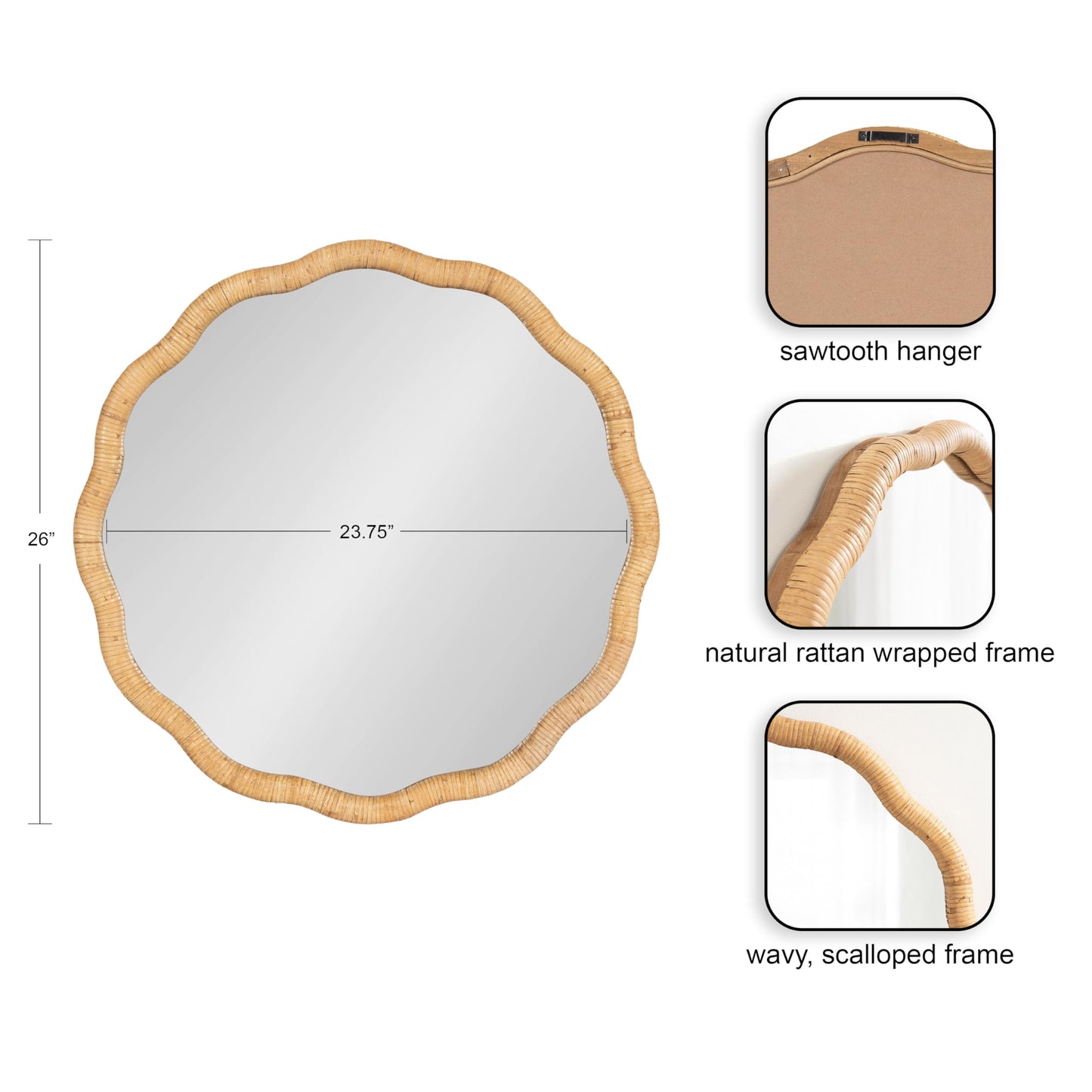 Kate and Laurel Rahfy Boho Scalloped Round Rattan Mirror; 26 Inch Diameter; Natural Wood; Decorative Round Wavy Mirror with Authentic Rattan Frame for Boho Wall Decor