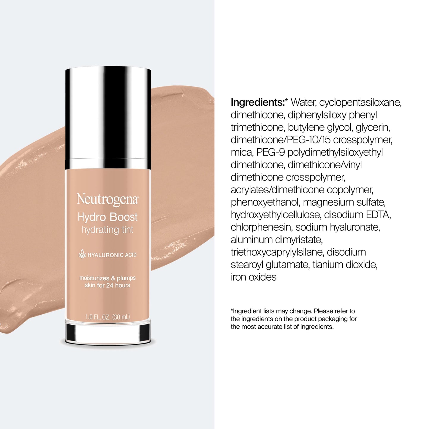 Neutrogena Hydro Boost Hydrating Tint, Lightweight Foundation for Dry Skin, Hyaluronic Acid, Moisturizing Skincare Makeup, Oil-Free, Water-Gel, Smooth Natural Coverage, Buff 30, 1.0 fl oz