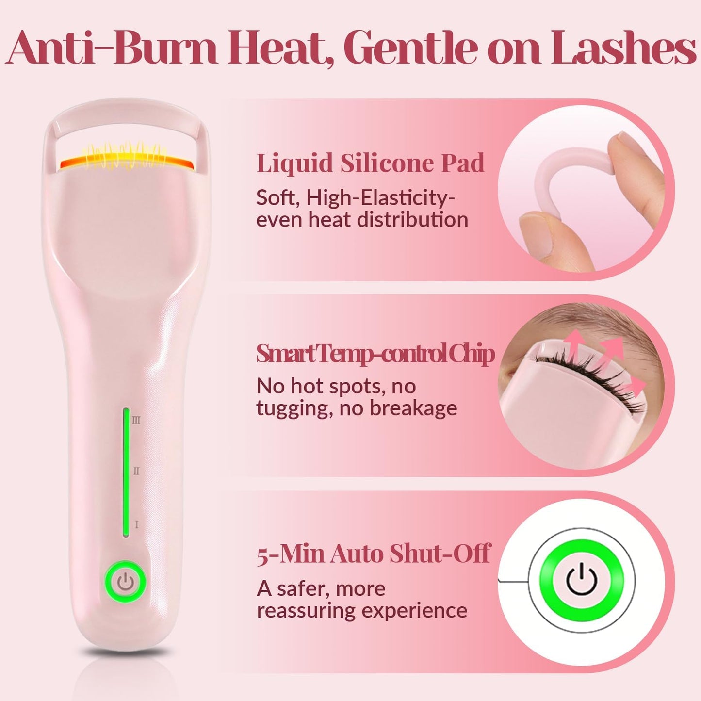 Heated Eyelash Curler, 3 Heat Levels, 8s Fast Heat, 24H Natural C-Curl Lift, Anti-Burn Silicone Pad, USB-C Rechargeable, Auto Shut-Off, Wide-Arc Design for Fine, Thick & False Lashes