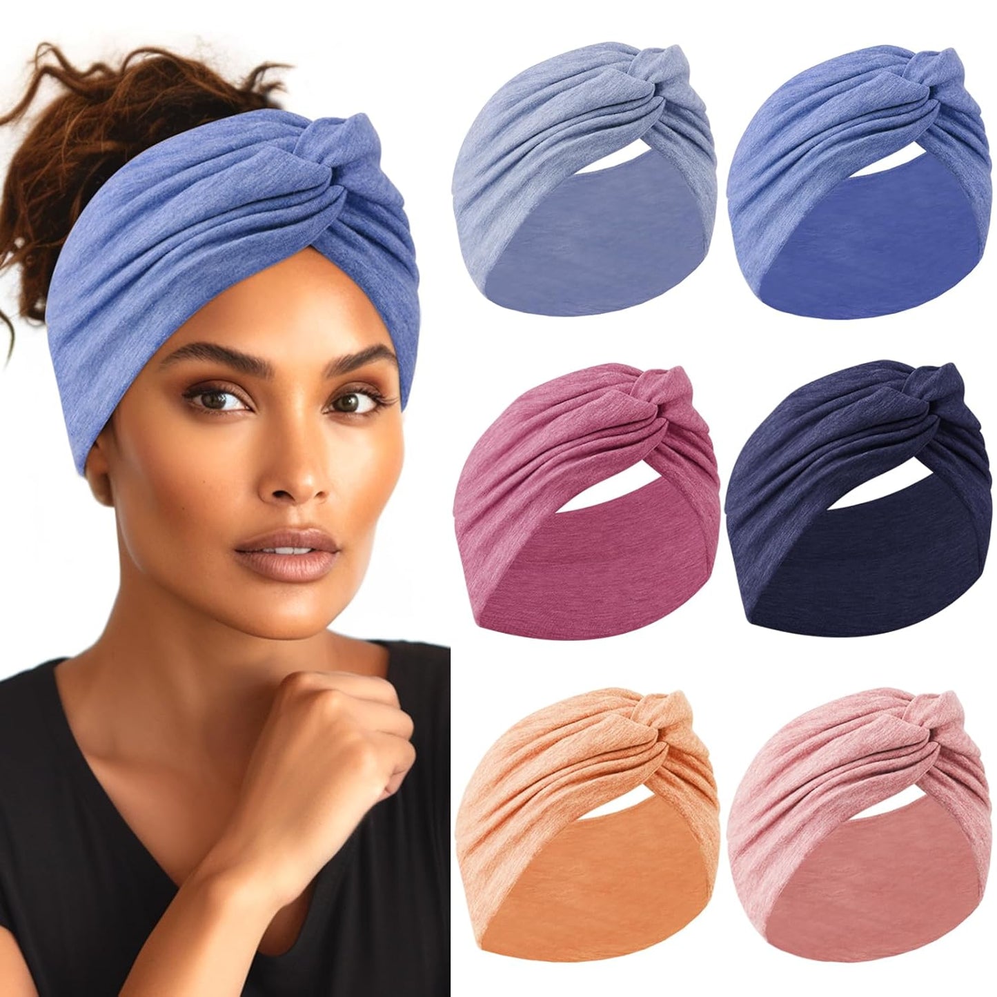 Extra Wide Headbands for Women - 7" Large Cotton Turban Knotted Bandana | 3Pcs White & 3Pcs Black