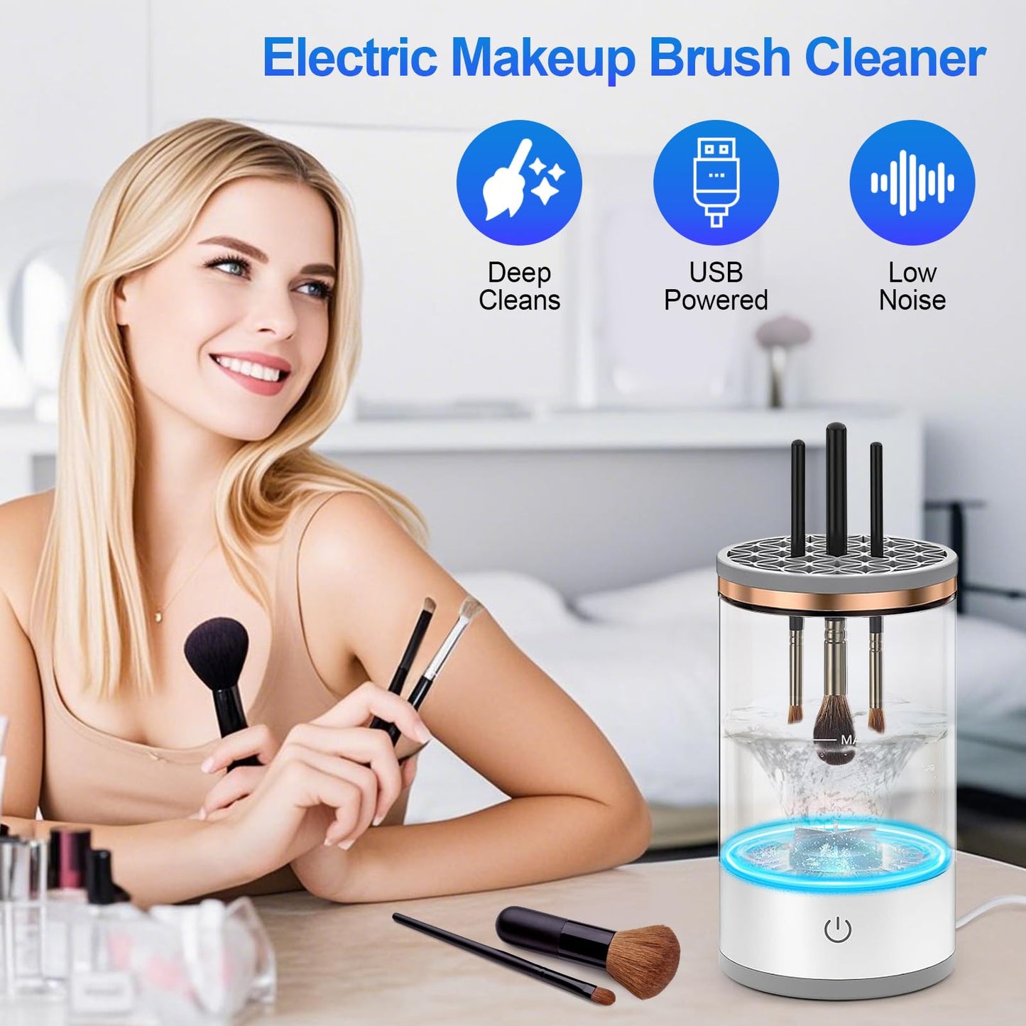 Electric Makeup Brush Cleaner Machine, Efficient Makeup Brush Cleaner for All Brush Types, Keeps Brushes Hygienic and Skin Healthy，1 Pack - White