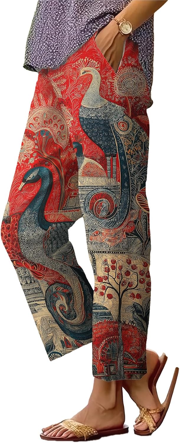Womens Plus Size Floral Boho Capris - Elastic Waist Beach Trousers | Casual Summer Pants