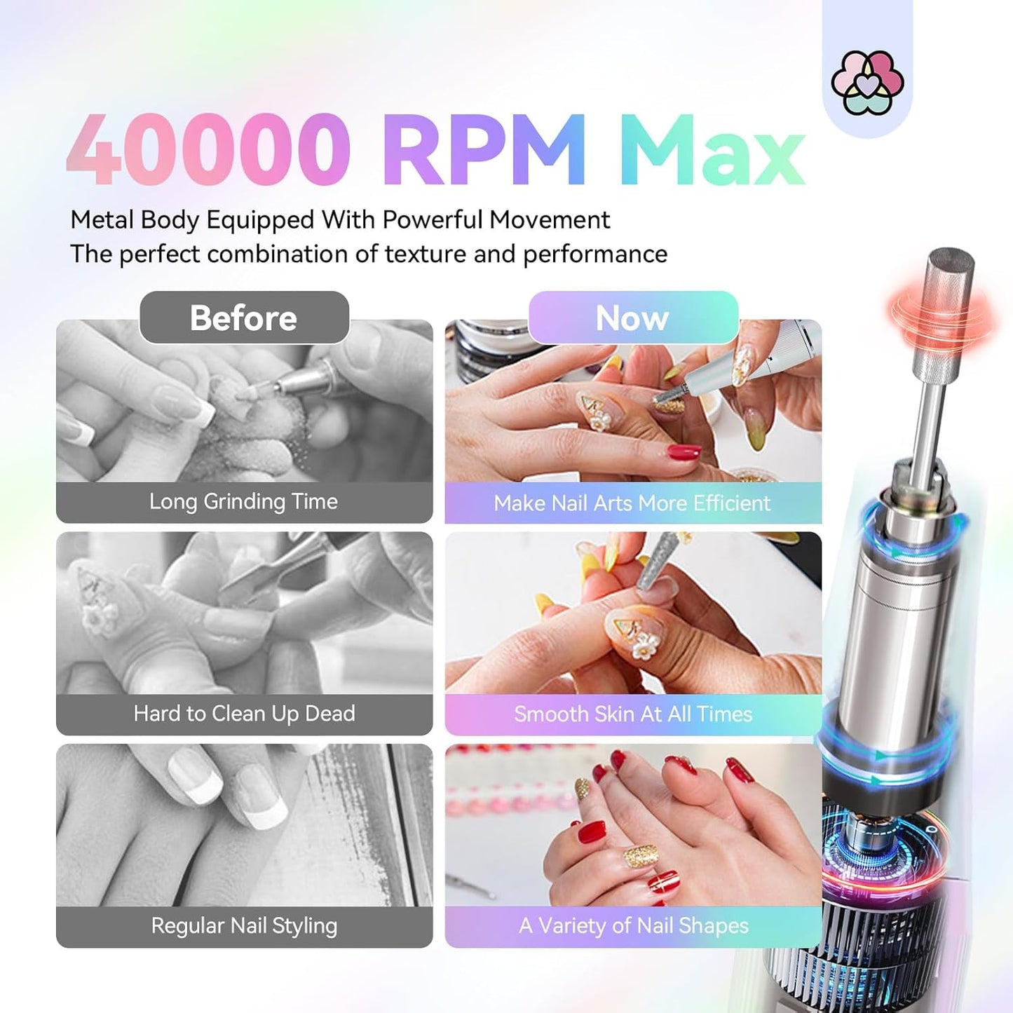 SAVILAND Nail Drill for Acrylic Nails - 40000RPM Rechargeable Electric File with 13 Bits | High Capacity 6000mAh
