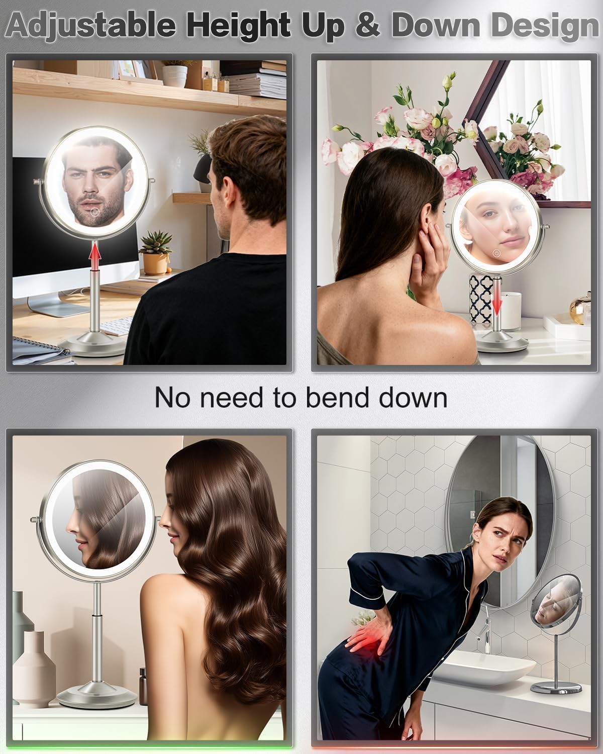 30X/1X Makeup Mirror with Lights - Adjustable Height, 3 Lighting Modes & Rechargeable | Perfect Gift for Women