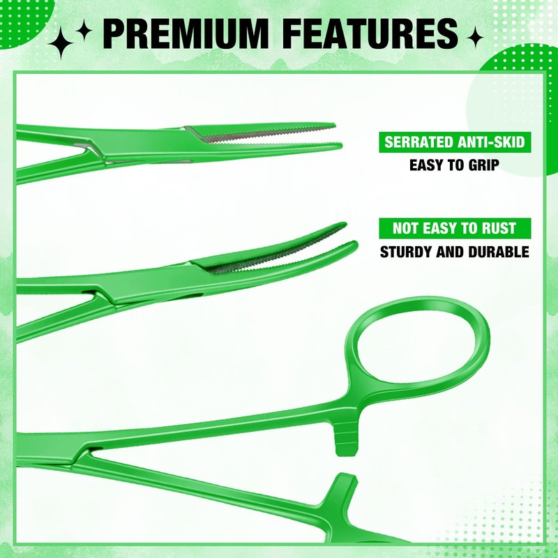 BBTO Hemostat Curved and Straight Hemostat Forceps Piercing Pliers Forceps, Stainless Steel Straight and Curved Pliers, Fishing Tweezer(Green,2 Pcs)