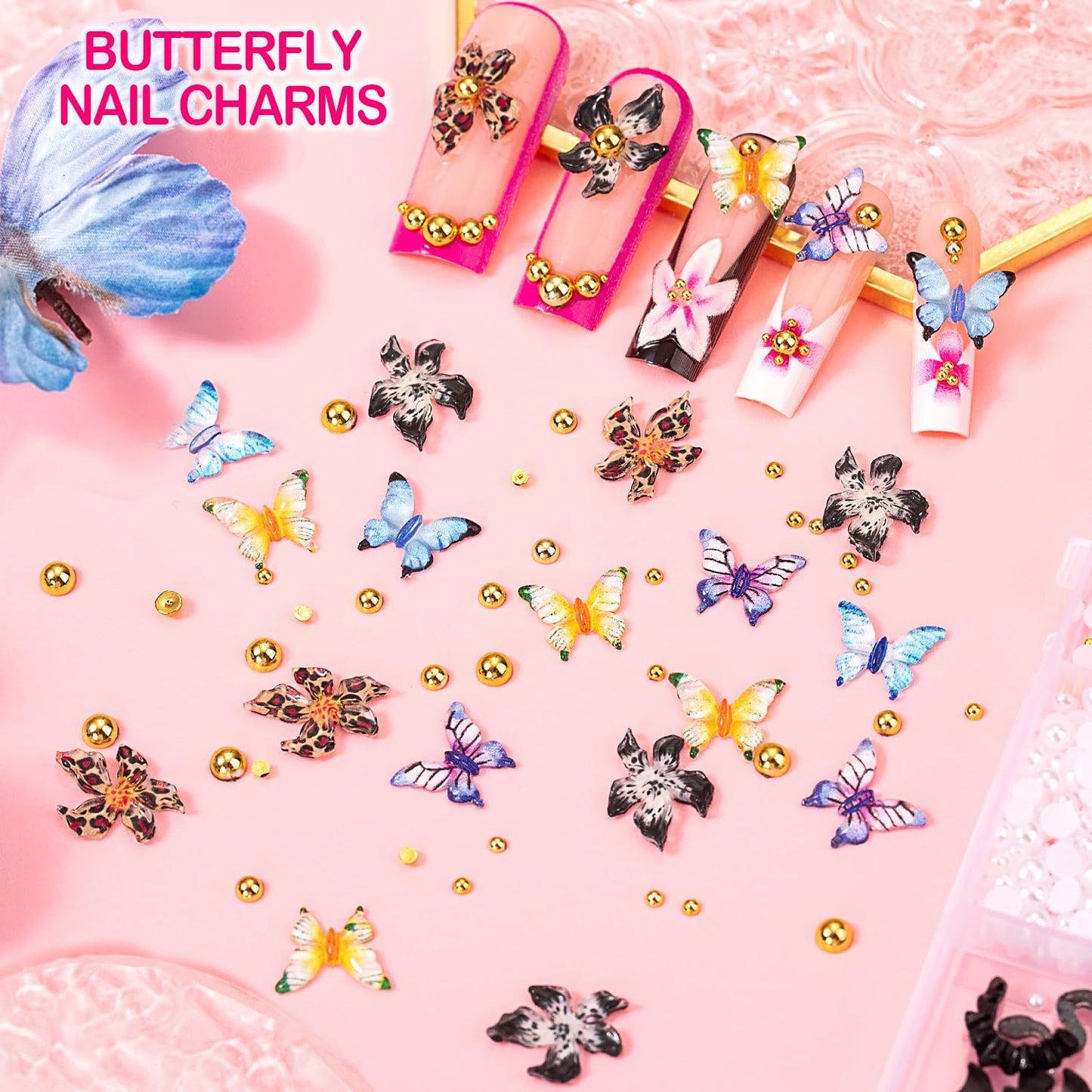 8000pcs 3D Nail Charms and Nail Gems, Cute Nail Rhinestones and Charms Y2K for Nails Nesign, Variety Butterfly Bow Moon Star Flower Junk Case Charms Gold Pearls Nail Jewels for Nail Art Decorations