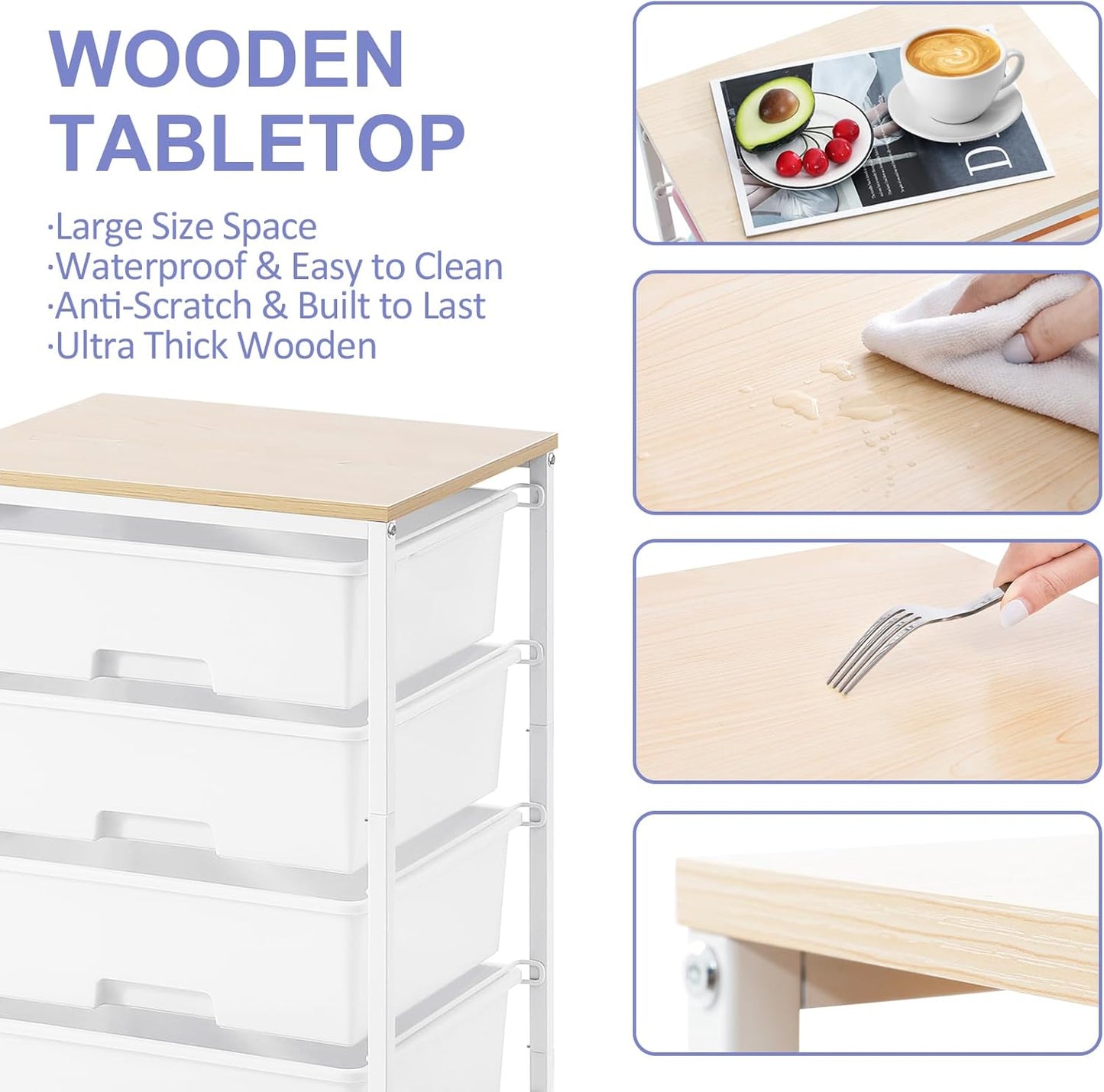 Utility Cart - 4-Tier Rolling Storage Organizer with 4 Drawers & Lockable Wheels | Bright White for Home & Office