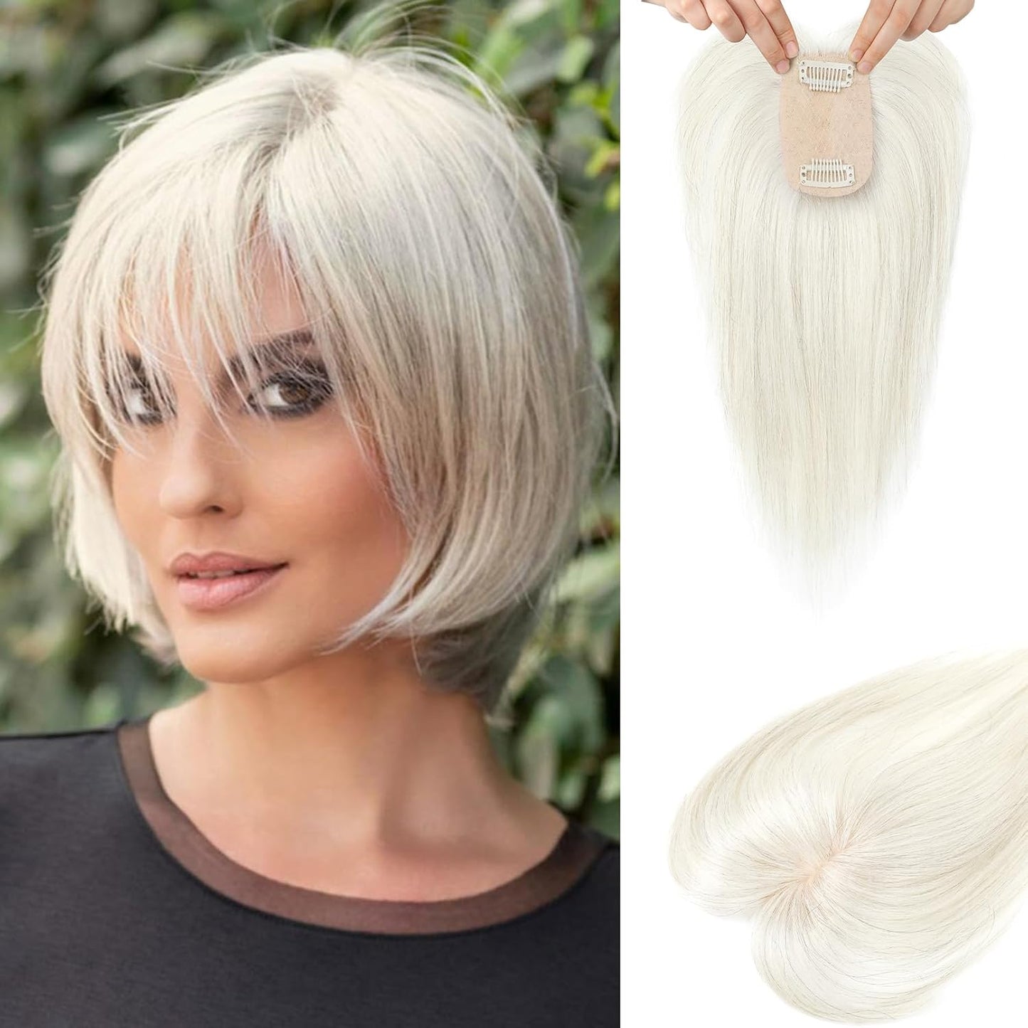 Real Human Hair Toppers for Women - 10 Inch Clip-In Bangs | 150% Density Silk Base - Medium Brown with Blonde Highlights