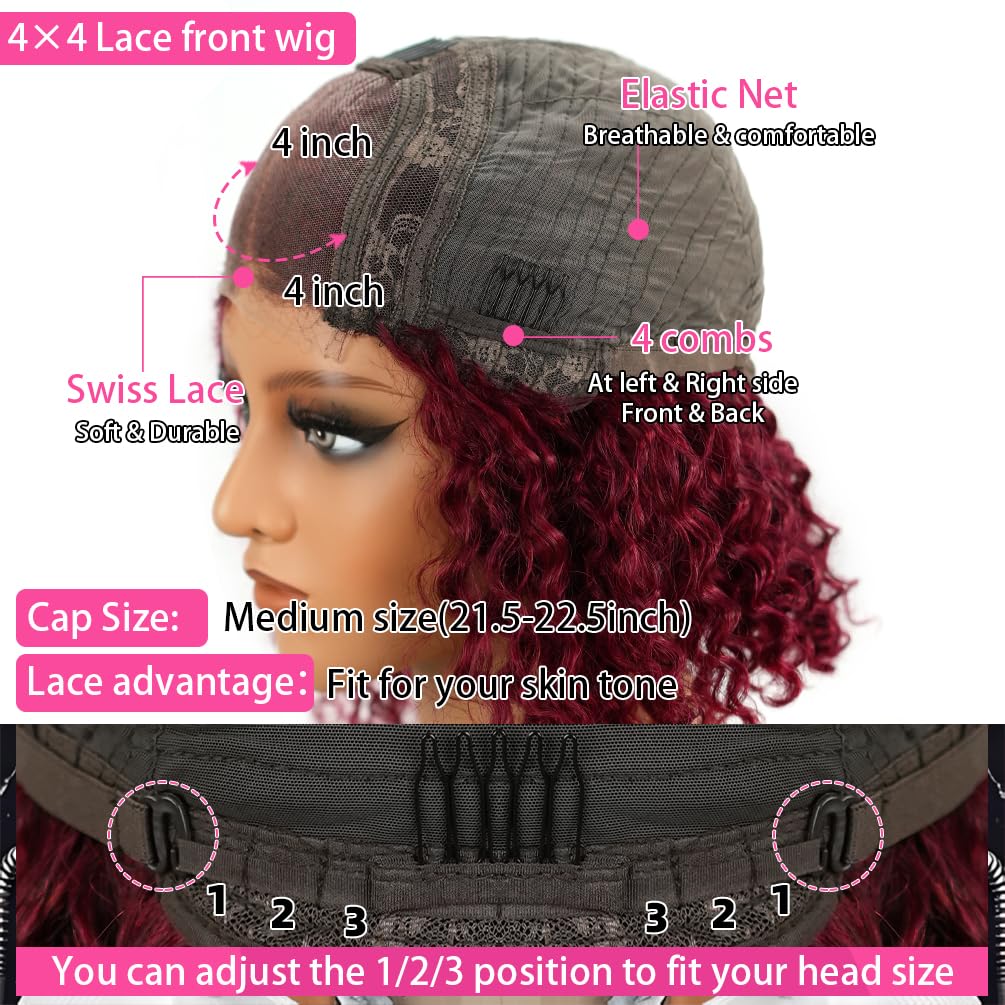 Amygirl Wear and Go Glueless Wigs Human Hair Pre Plucked Pre Cut Bob 4x4 Curly Wave Lace Front Wigs Human Hair 180% Density No Glue Wigs for Black Women, Burgundy, 14 Inch