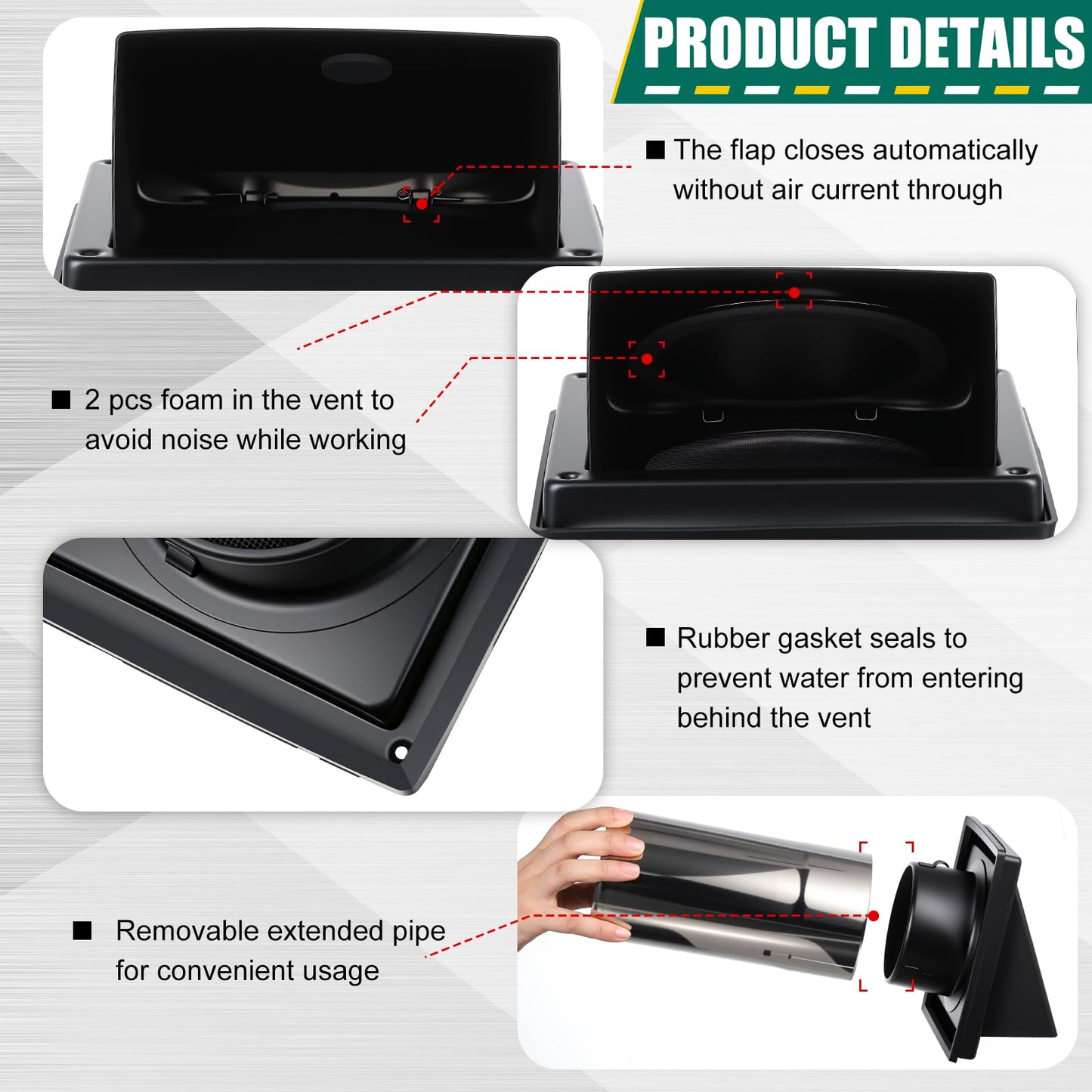 Gisafai 4" Dryer Vent Cover Outside with Stainless Steel Guard Wall Dryer Exhaust Cap and Removable Extended Pipe Vent Shroud Hood Cushioned Non Return Flap with Sealing Gasket Grille(Black)