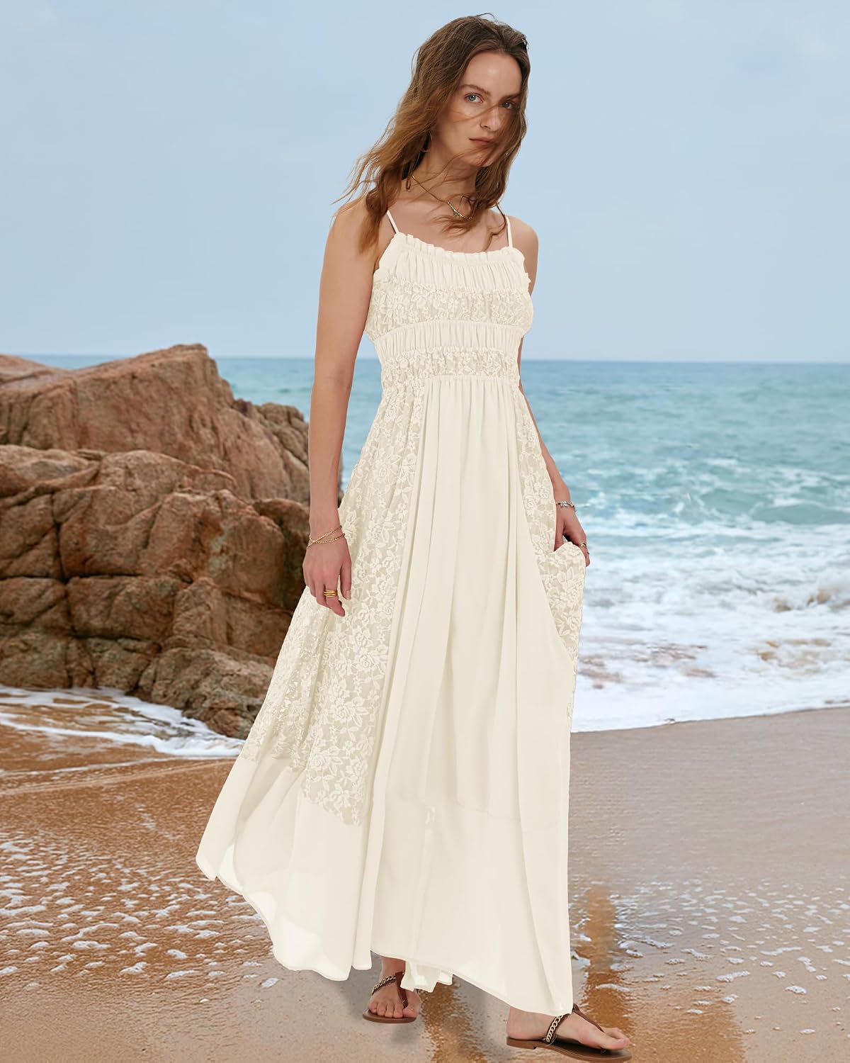 Bohemian Maxi Dress for Women - Casual Lace Floral Embroidery | Flowy A-Line Beach Dress