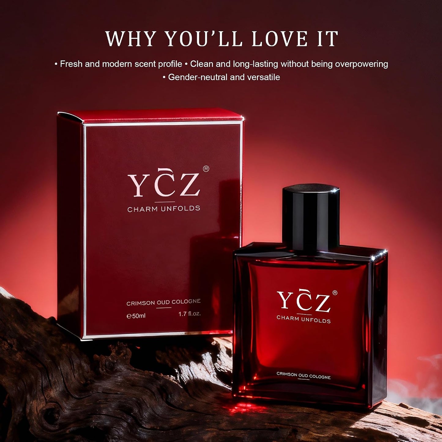 Ycz Crimson Oud Cologne for Men - Long-Lasting Oriental Woody Eau De Parfum | 1.7oz with Rose, Raspberry, Papyrus & Amber