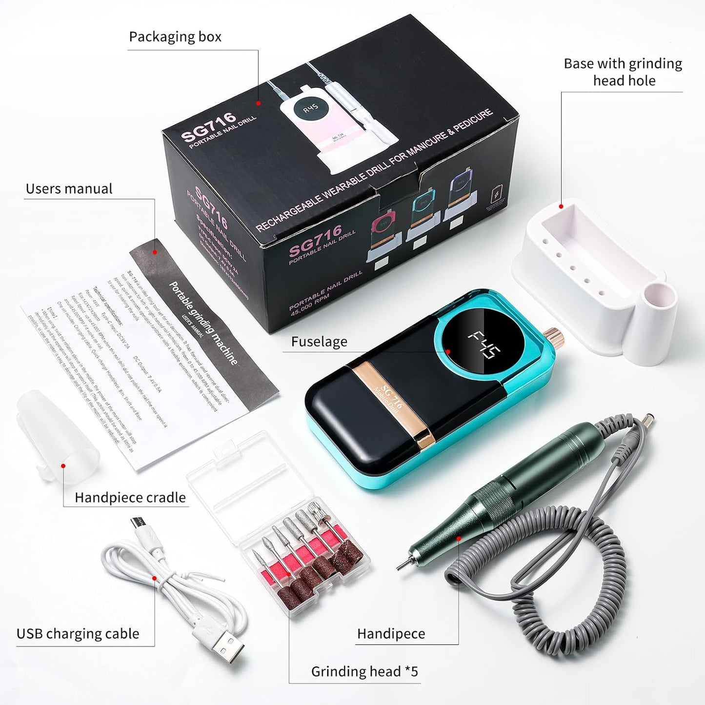 Professional Electric Nail Drill Kit - 45000RPM Cordless Toenail Machine with 14 Drill Bits | Portable Green