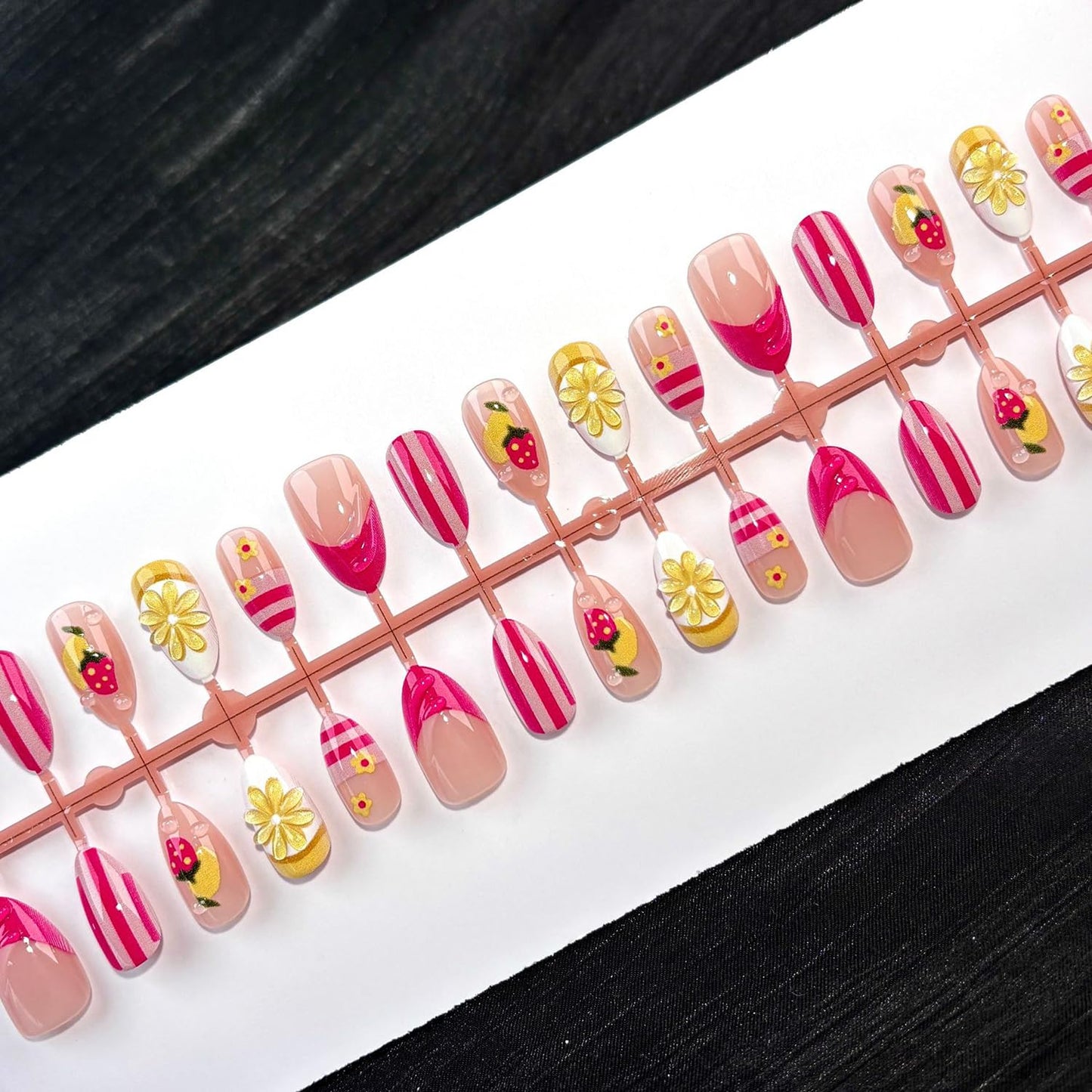 Summer Press-On Nails - 30Pcs Short Almond Floral & Fruit Designs | 3D Lemon & Strawberry Acrylic Full Cover