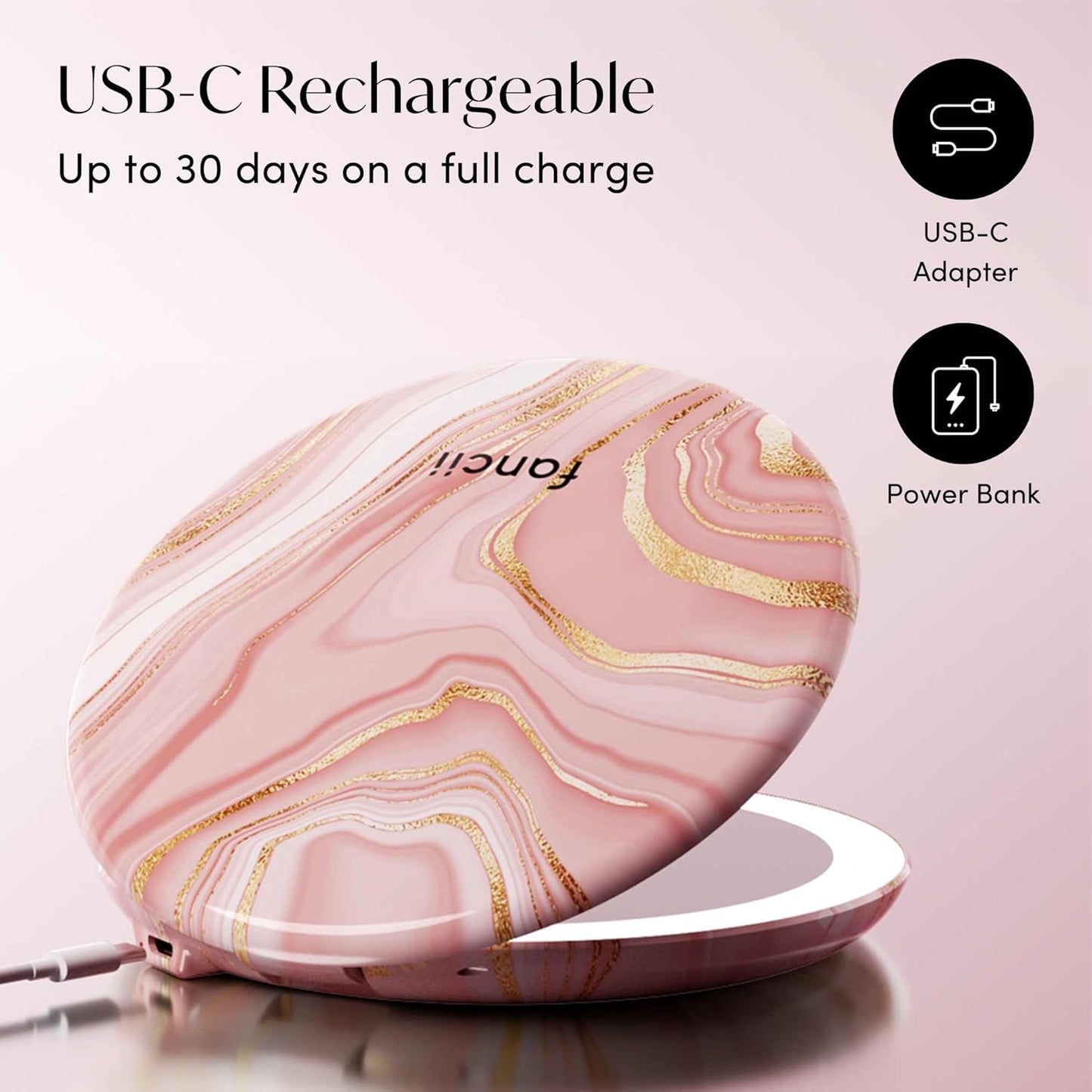 LED Travel Makeup Mirror - Rechargeable 10x/1x Magnification | Tru-Glow Lighting, XL 5” Wide, Marble Rose