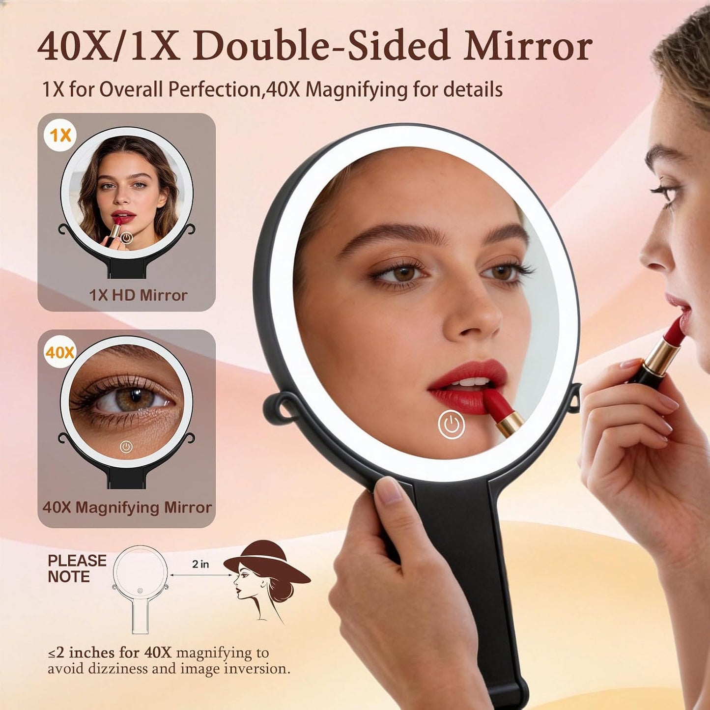 Makeup Mirror with Lights - 40X/1X Double-Sided Magnifying Mirror | 3 Color Lighting & Adjustable Brightness - Portable Handheld Design (Black)