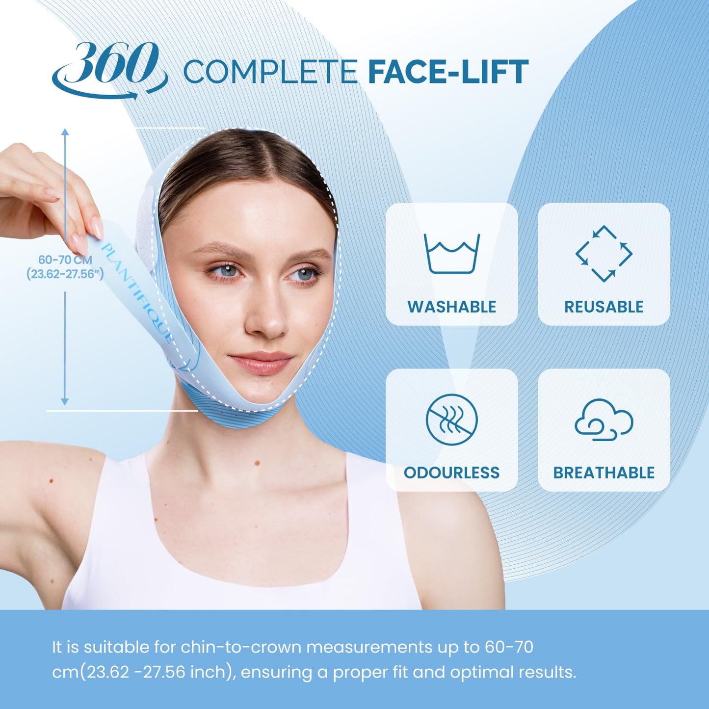 PLANTIFIQUE Chin Strap for Face Contouring - Reusable V Line Ice Silk Fabric Mask - Double Chin Shaping, Adjustable, Breathable Fabric - Jawline Shaper for Women & Men (Blue)