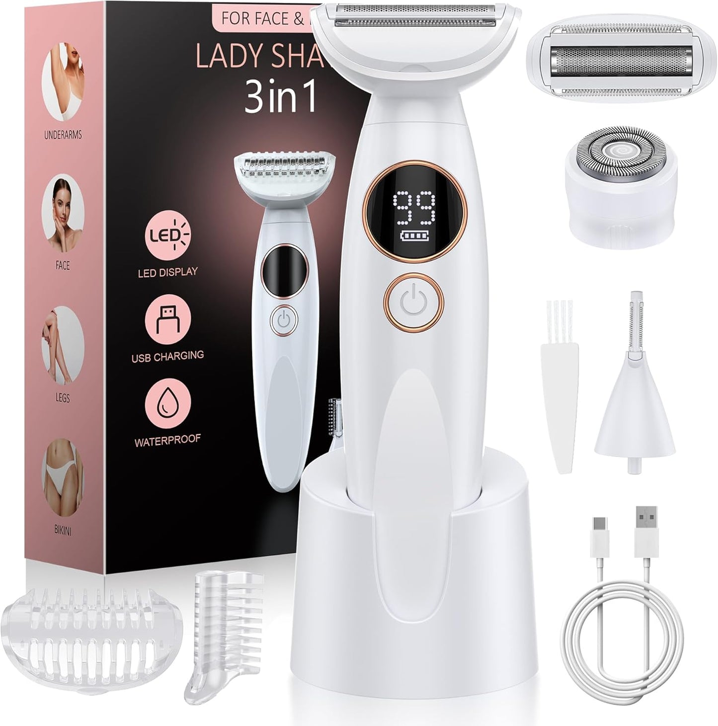 3 in 1 Bikini Trimmer for Women - Painless Electric Razor with Display | USB Charging, IPX7 Waterproof, White