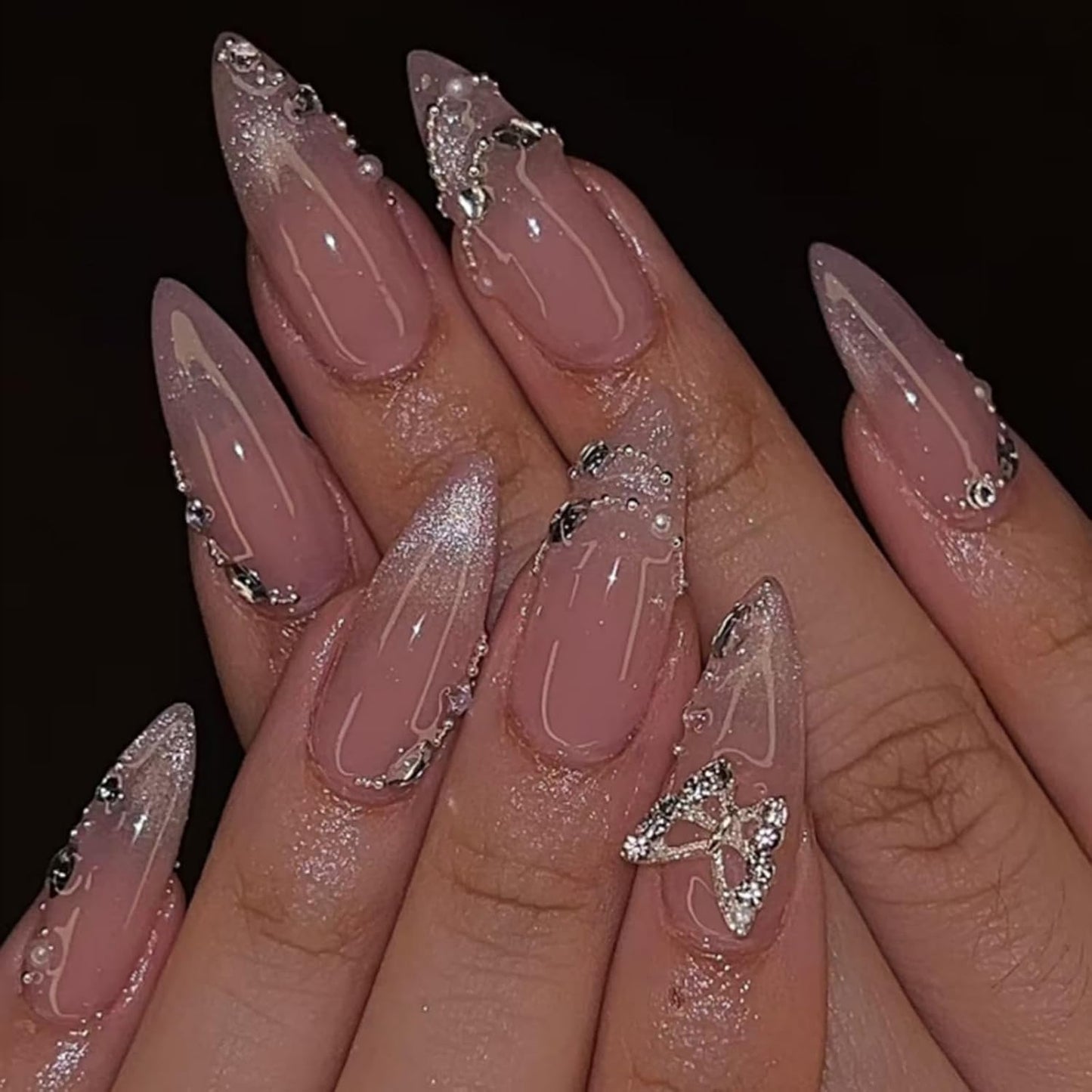 Almond Press-On Nails - Ombre French Tip with Butterfly Designs | 24 Pcs Set for Women