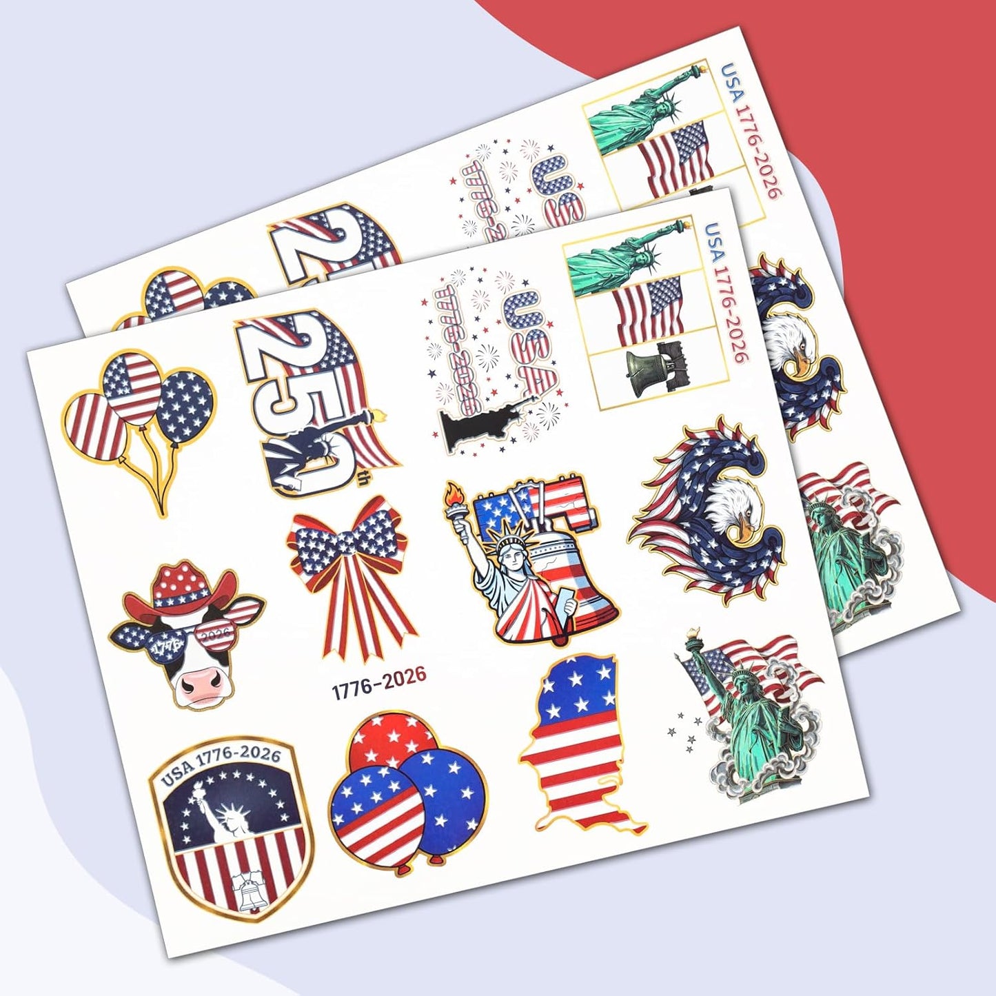 USA Temporary Tattoos - 250th Anniversary American Flag Stickers | 15 Sheets, 60 Styles for 4th of July Decor