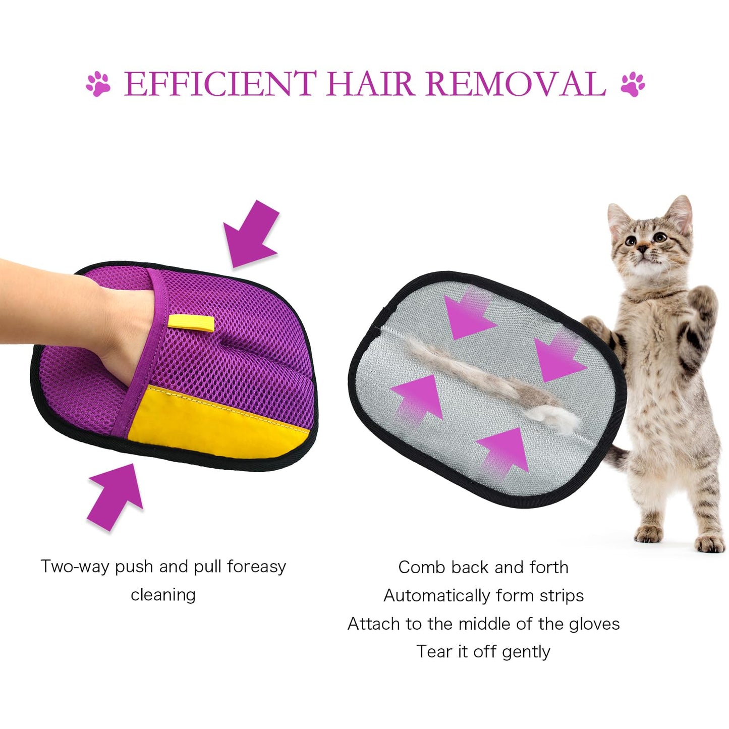 Cosyiker 3pc Pet Hair Removal Gloves, Reusable Cats & Dogs Pet Hair Removal Tool,Efficient Pet Hair Removal Electrostatic Gloves is Suitable for Clothes, Sofas, Beds and Carpets (Purple)