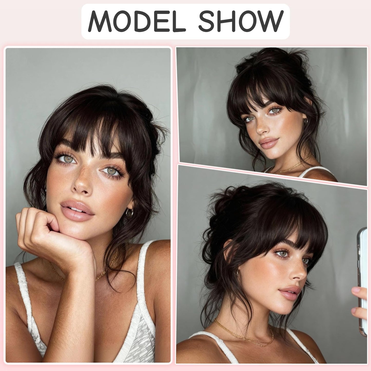 XIXISNOW Clip in Bangs 100% Real Human Hair Extensions Invisible Fake Curtain Curved French Fringe Bang with Temples Faux Natural Clips on Hairpieces for Women Girls Party Daily Use