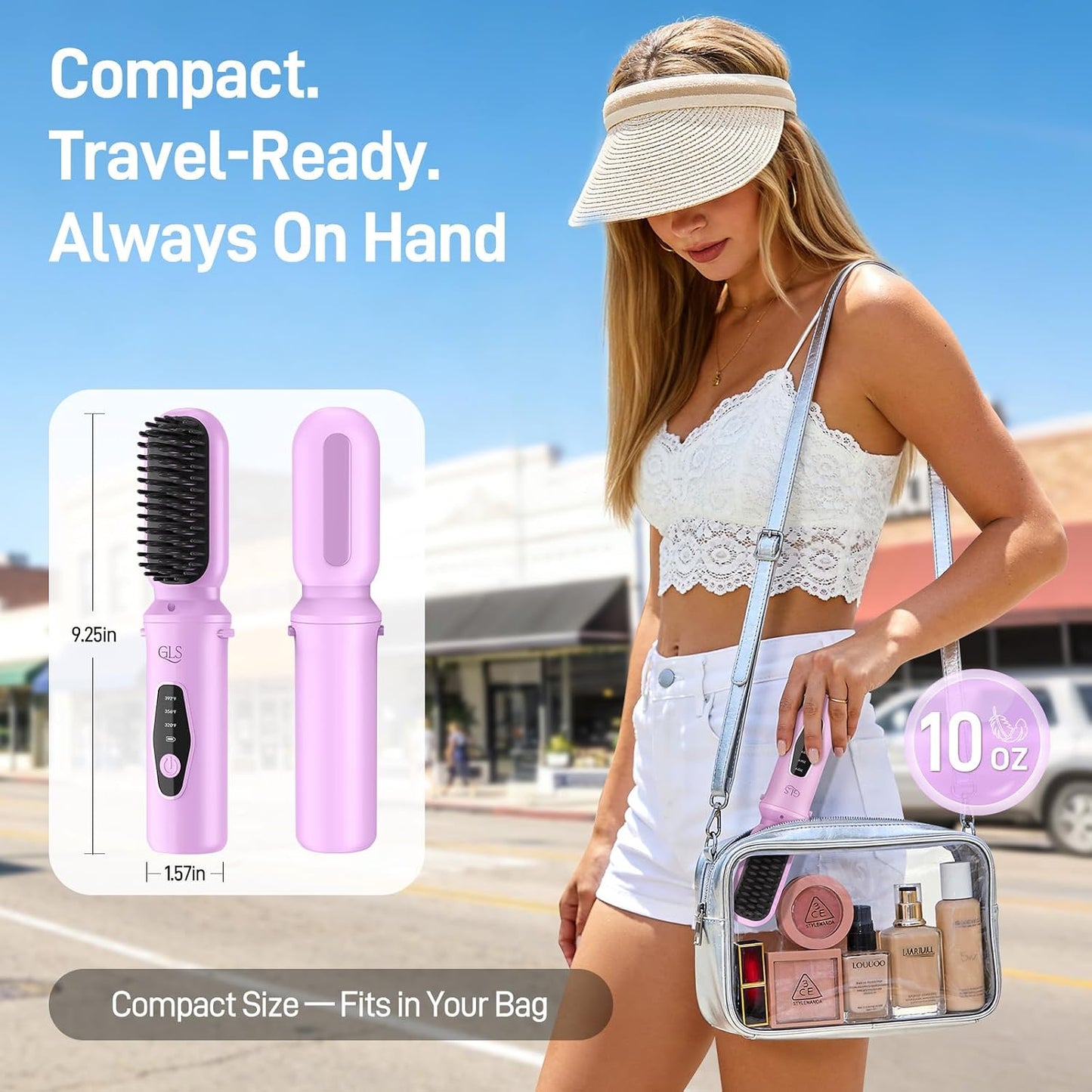 Cordless Hair Straightener Brush - 3-in-1 Portable USB Rechargeable Styler for Travel | Fast Heat, Purple