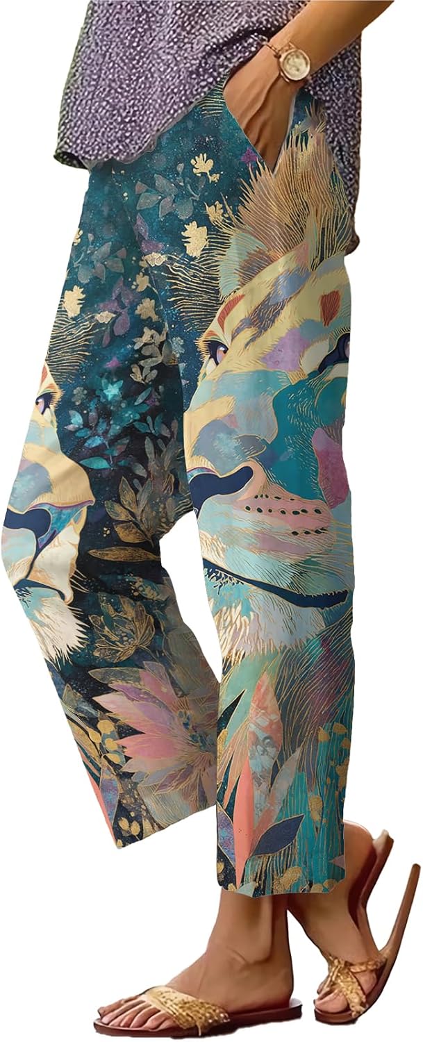 Womens Plus Size Floral Boho Capris - Elastic Waist Beach Trousers | Casual Summer Pants