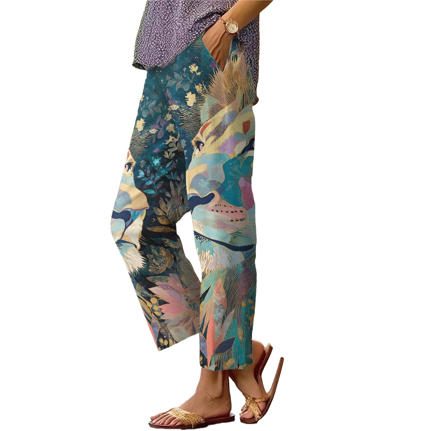 Womens Summer Casual Pants Floral Boho Capris Elastic Waist Plus Size Capri Pant with Pockets Beach Baggy Trousers 2025,Camo Lion,S