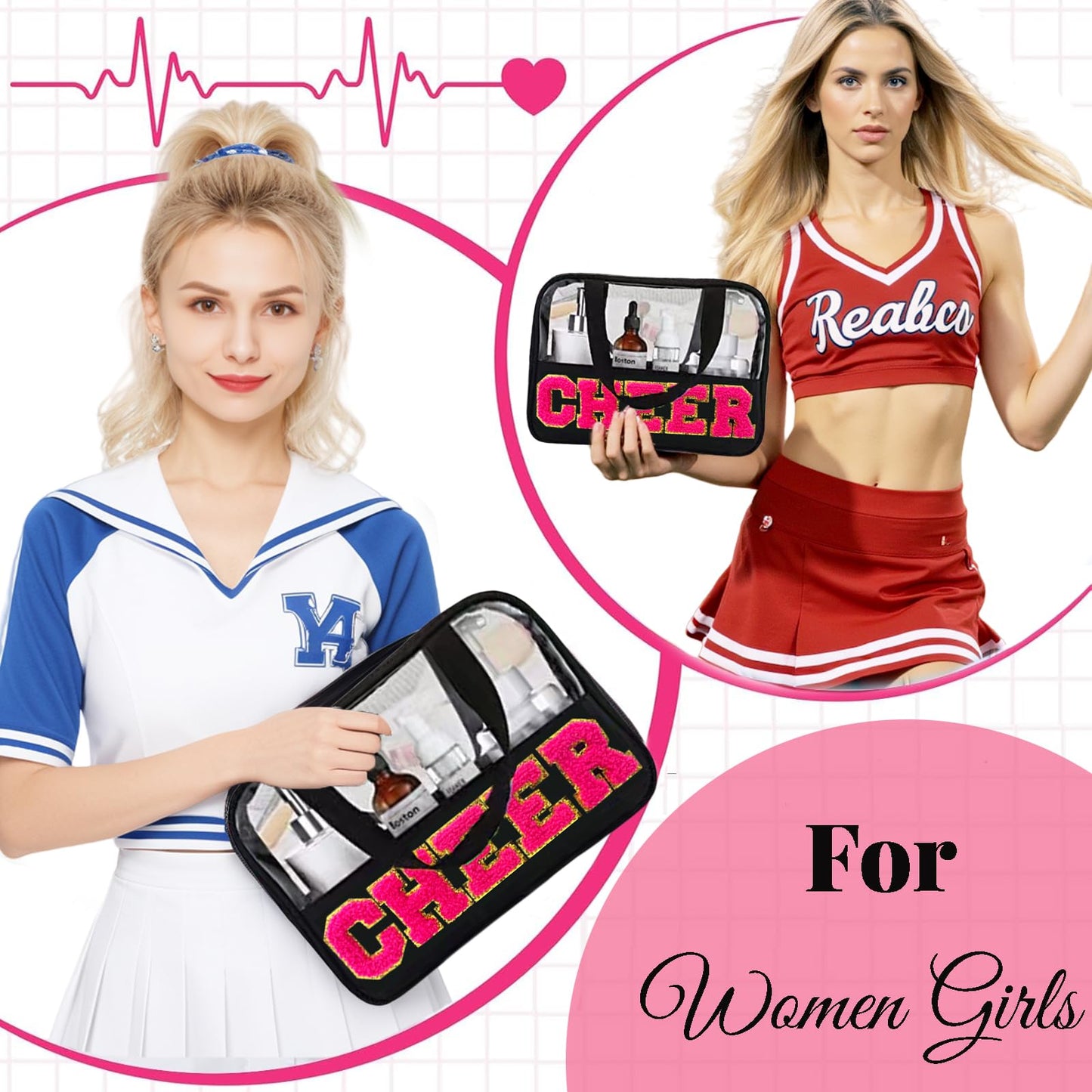 JOJOPOLLO Chenille Pink Letter Cheer Bag Cheerleader Gifts for Team Women Girls Cheer Stuff Accessories Makeup Bag with Handle and Zipper, Cheer Gifts